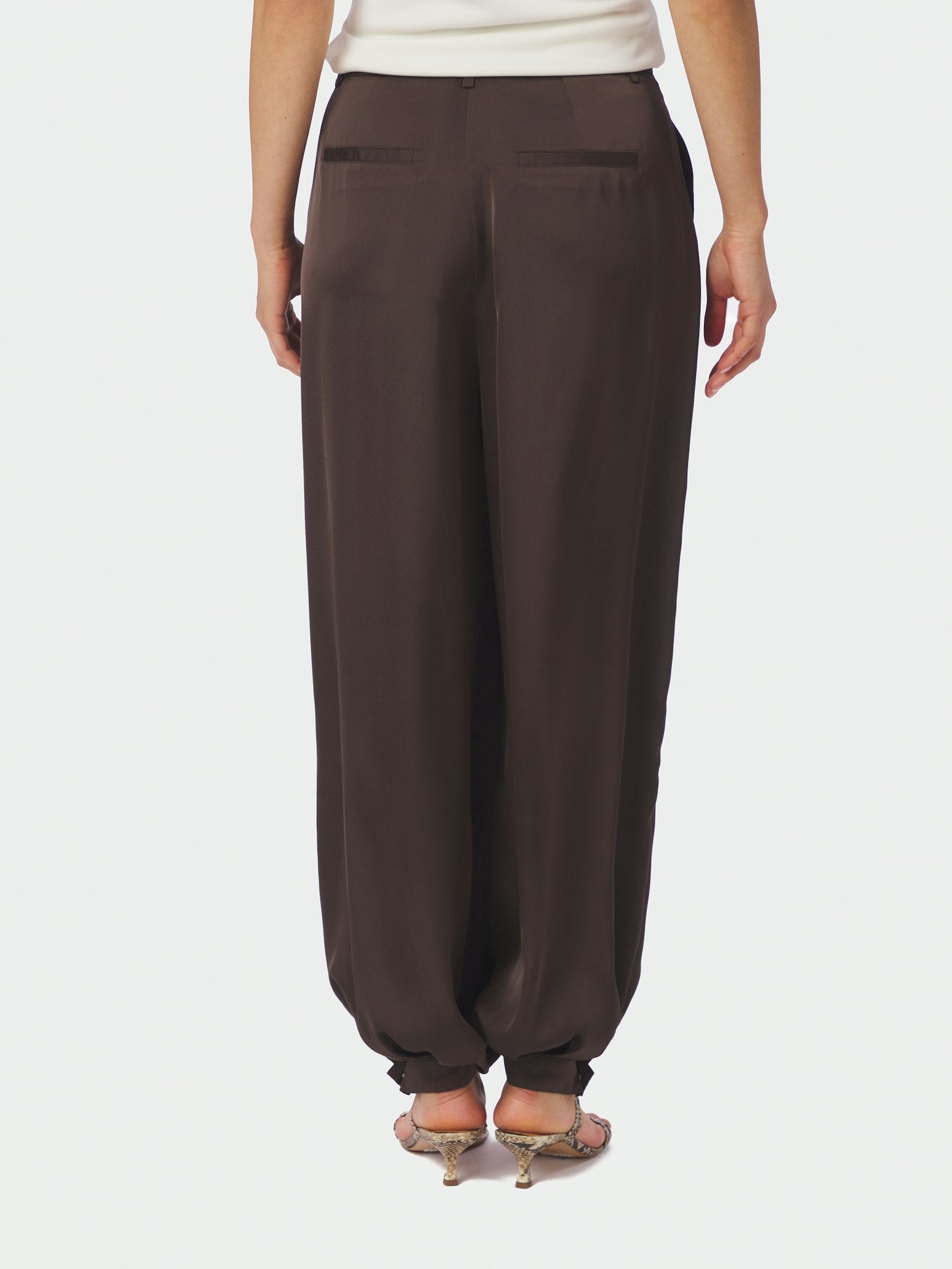 Fayla Drapy Satin Balloon Pants - Dark Brown