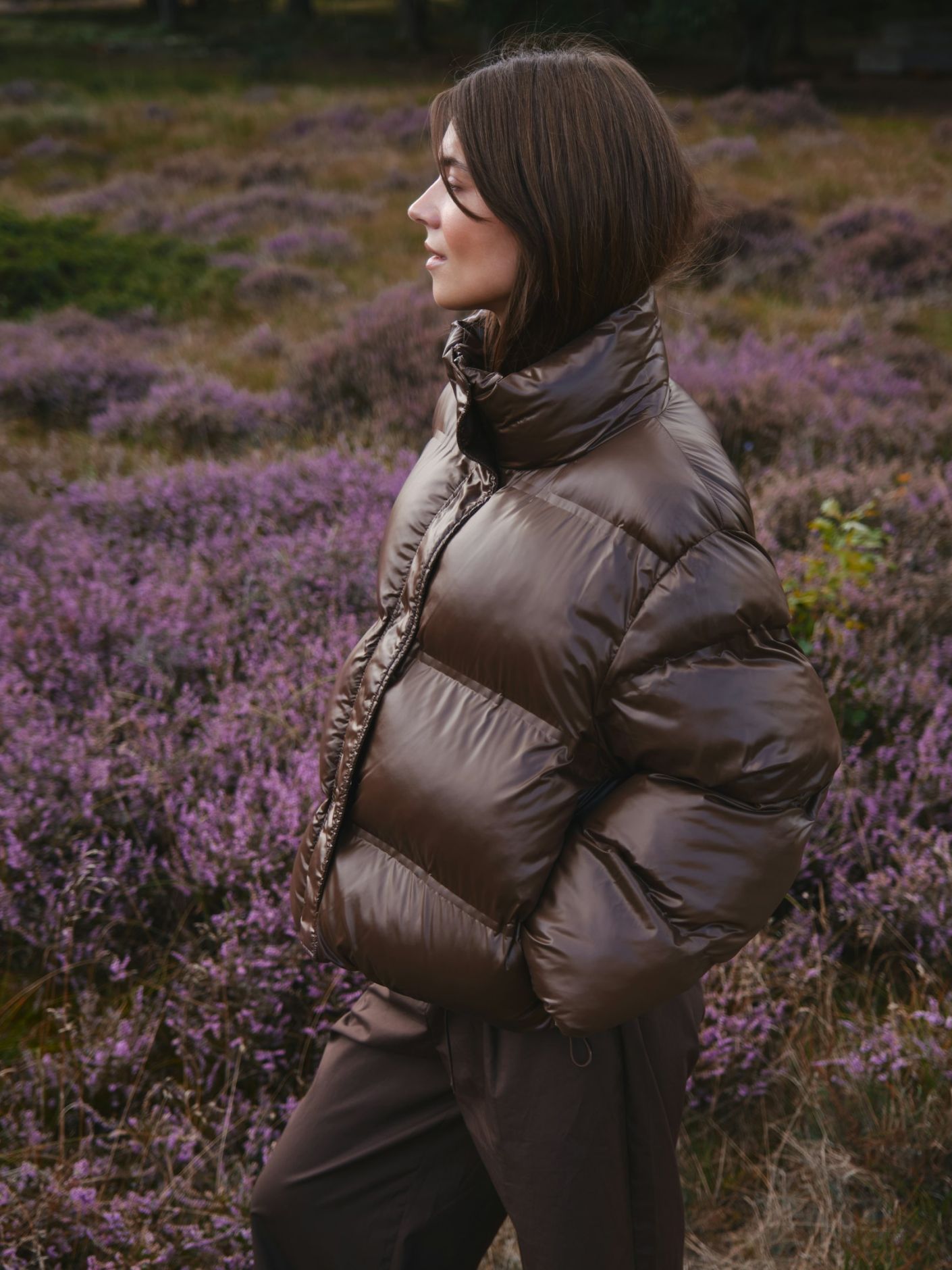 Rhea Shiny Puffer Jacket - Dark Brown