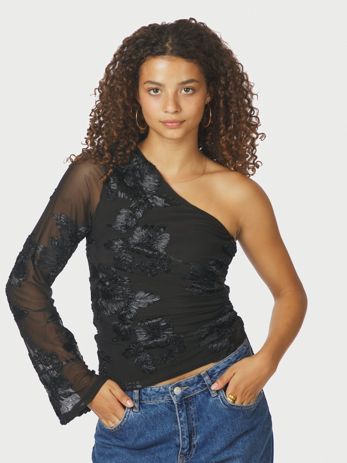 Friana Big Flower Mesh Blouse - Black