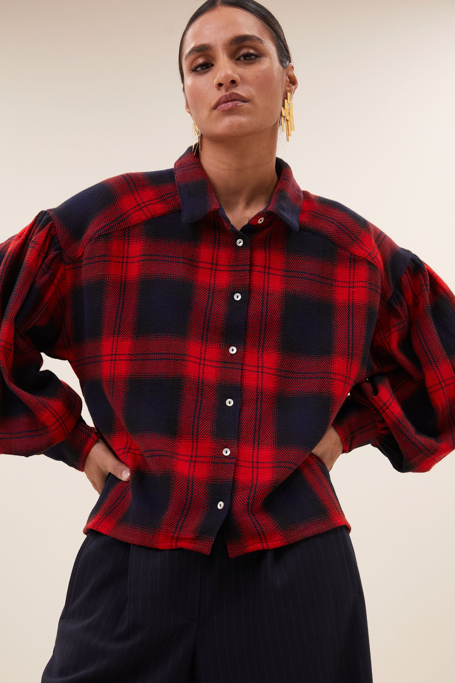 Sarah Short Red Check Blouse - Poppy Check