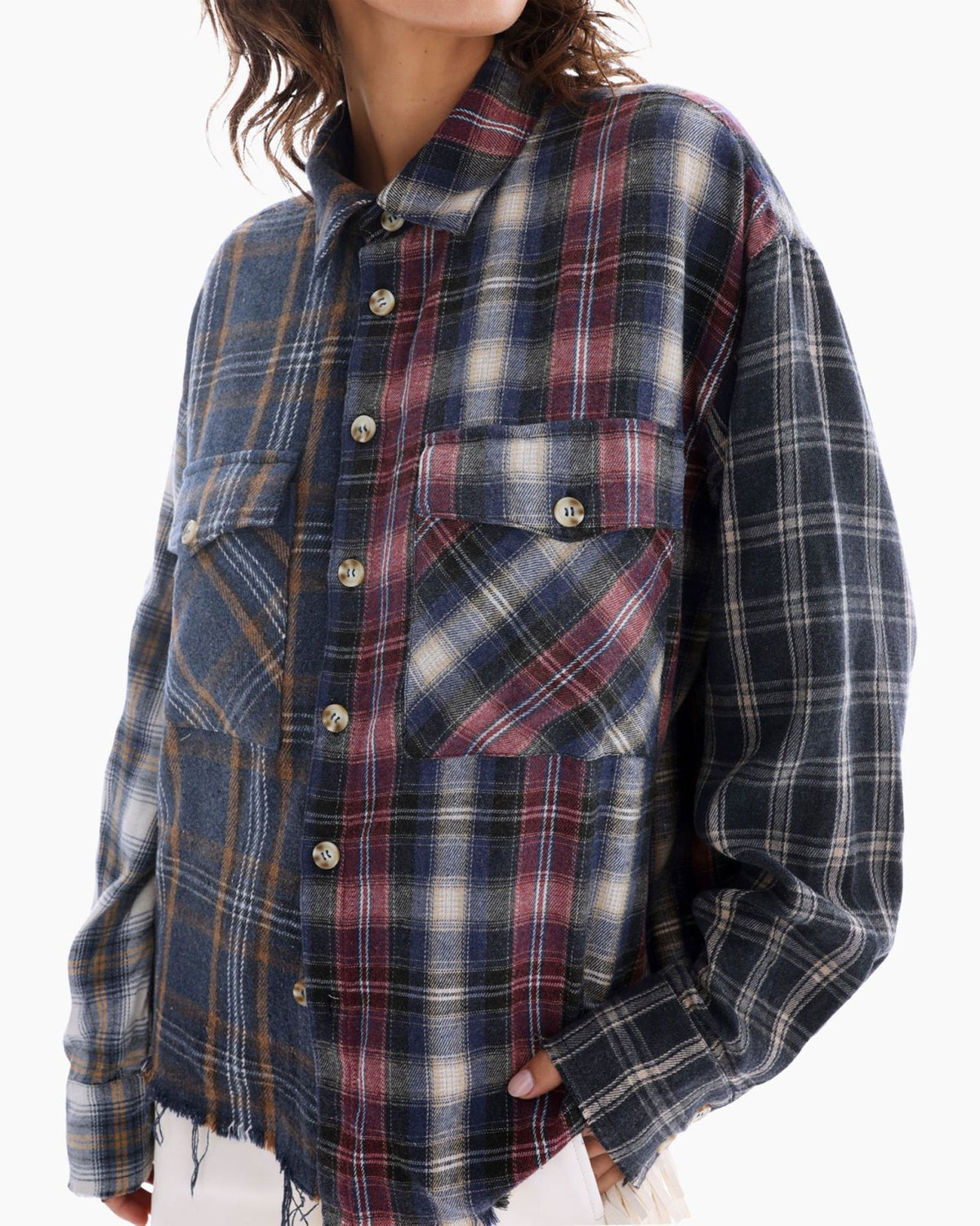 Cut Off Patchwork Check Shirt - Multicolor