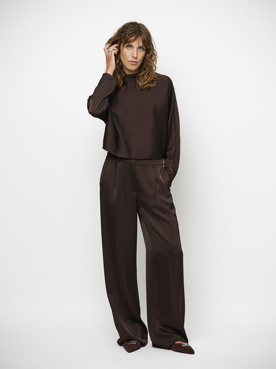 Jules Satin Smart Pants - Espresso Brown