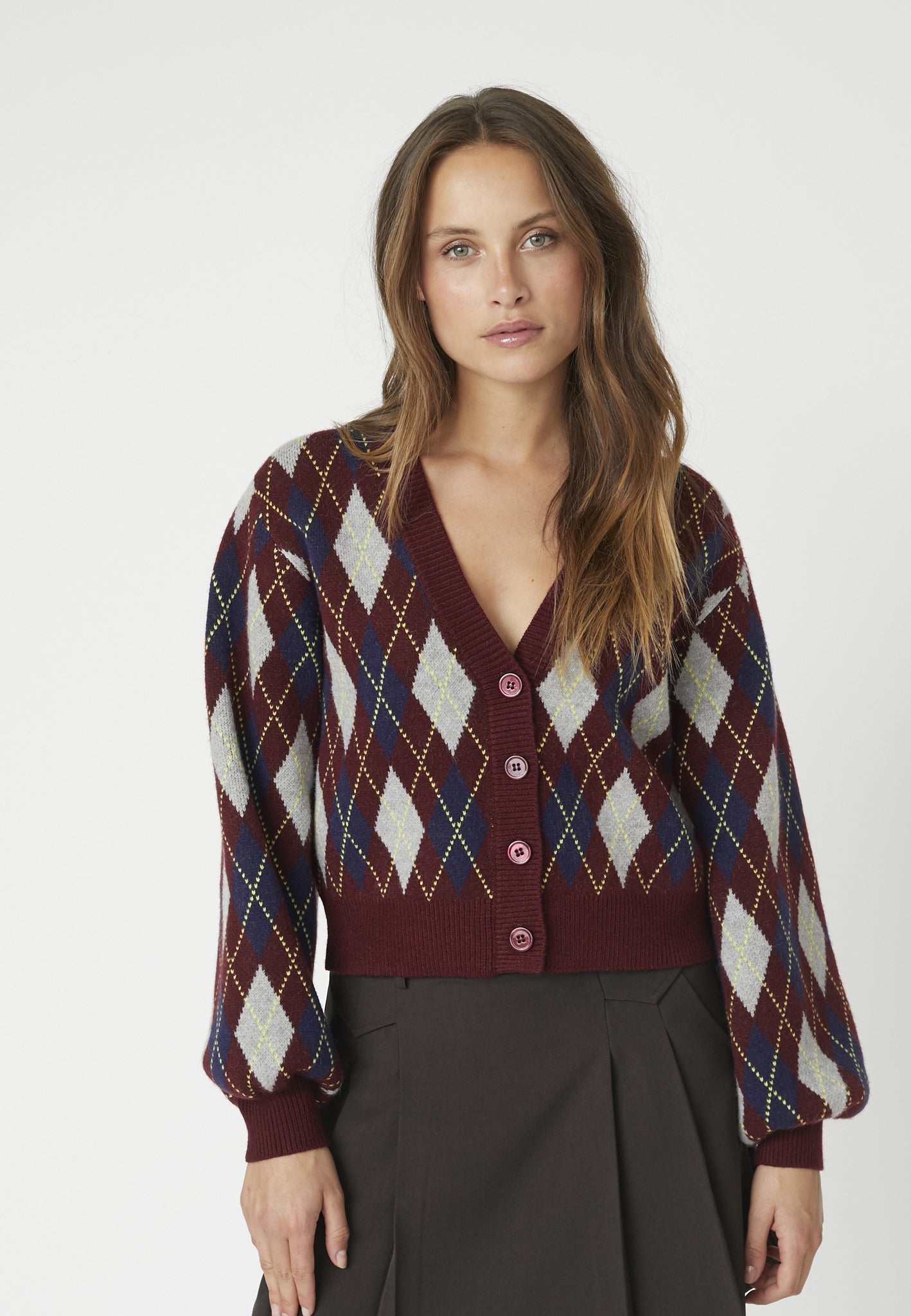 RowCC Check Cardigan - Wine Red