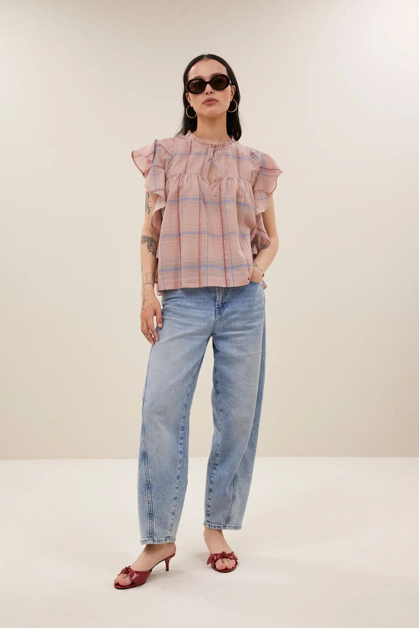Danee Pink Check Blouse - Blush Pink Check
