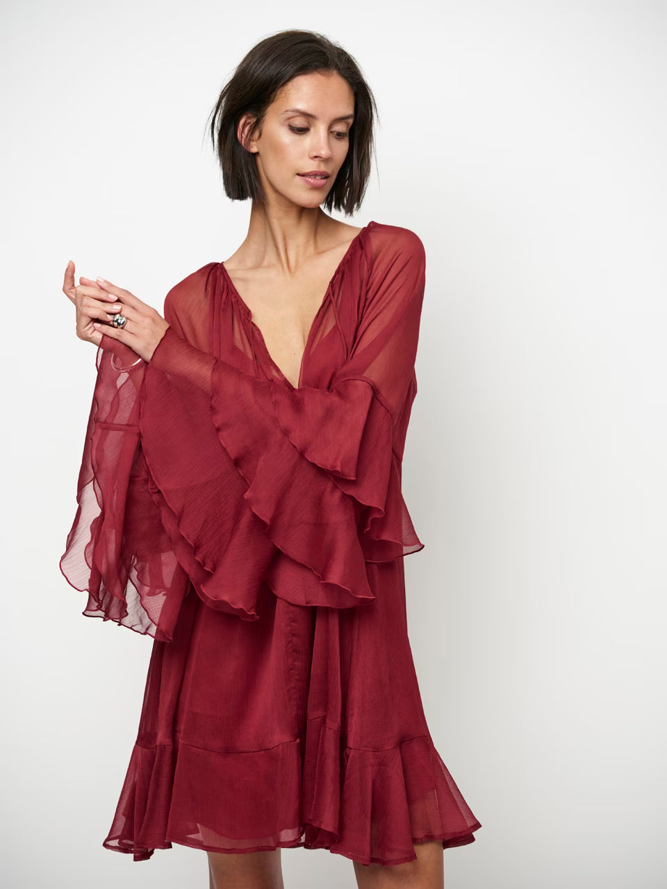 Solstice Boho Chiffon Short Dress - Berry Red