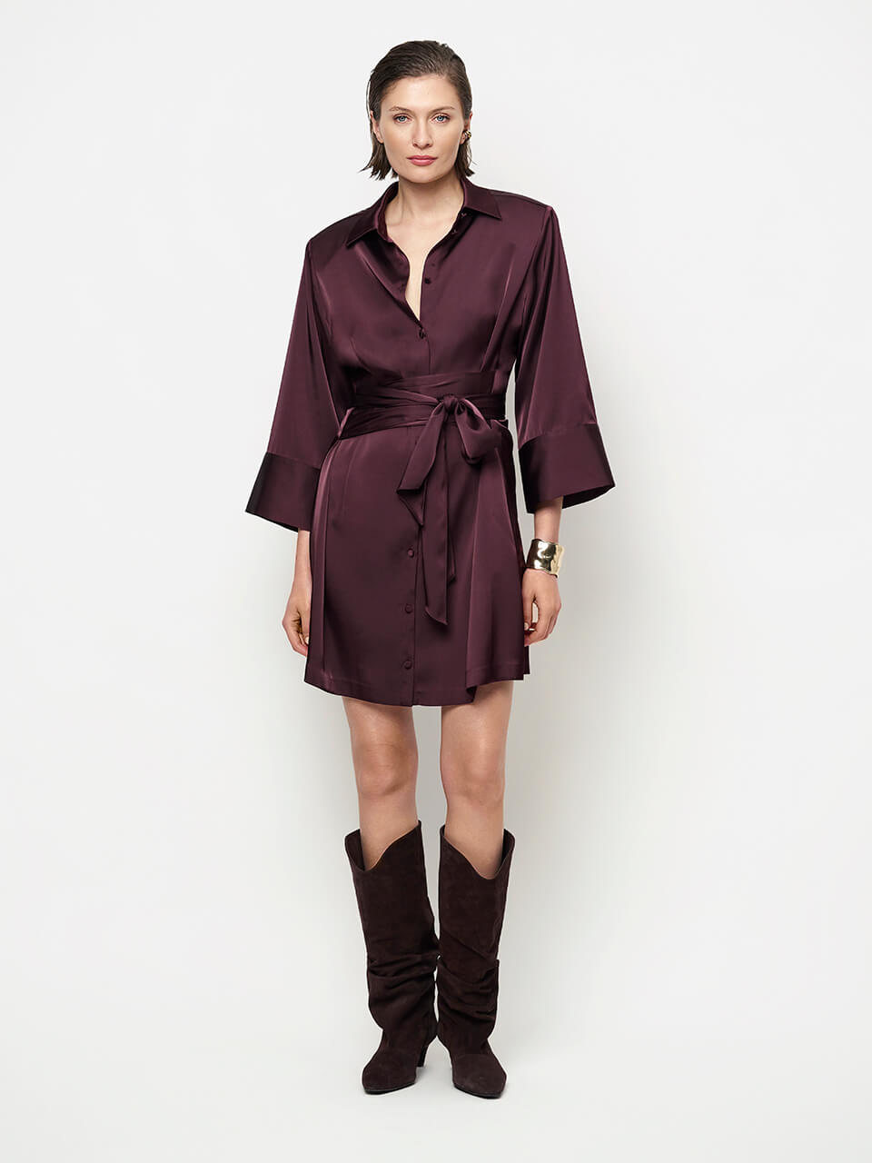 Noanne Satin-Hemd-Wickelkleid – Dark Plum