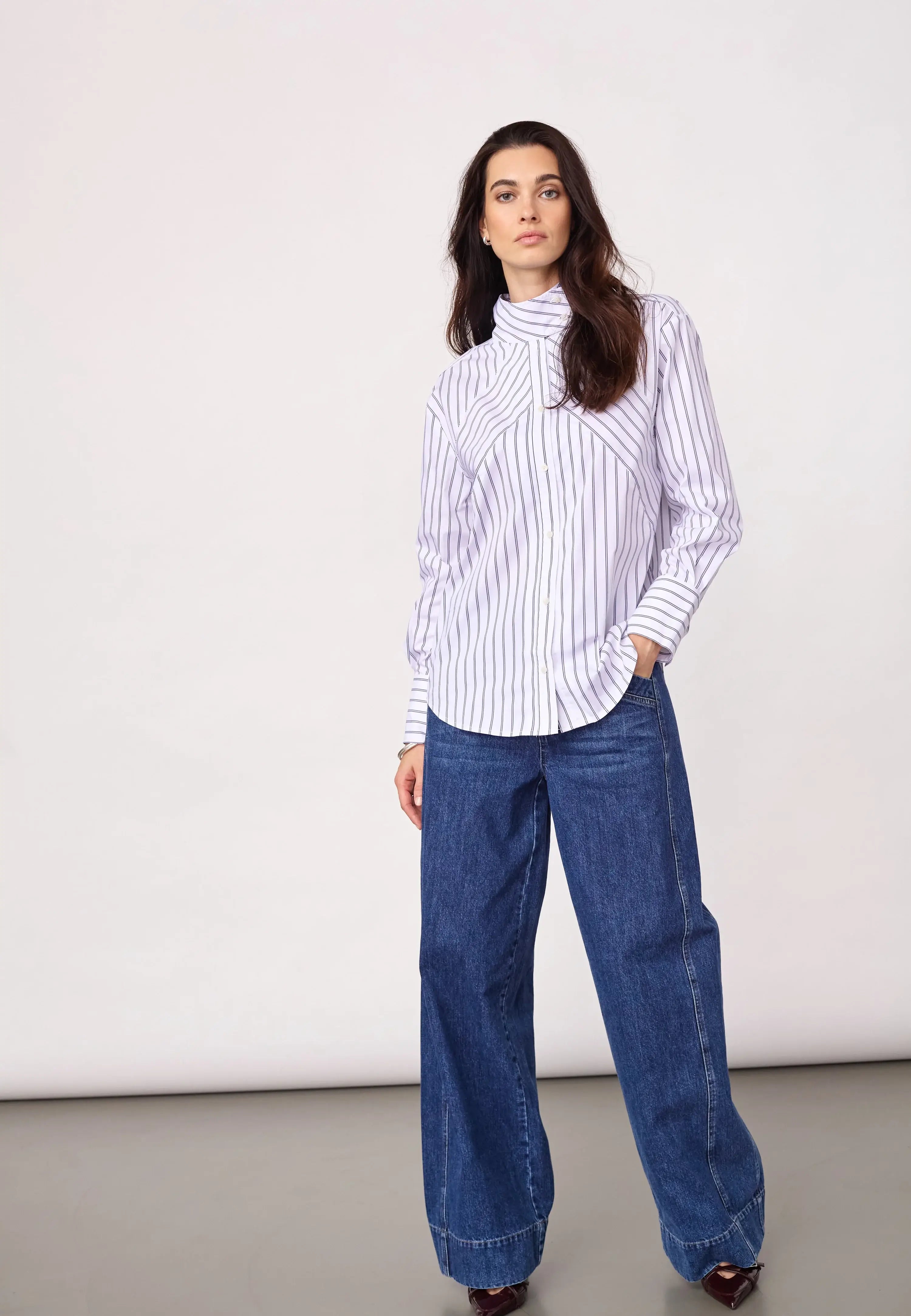 SomoCC Stripe Funnel Neck Shirt - White