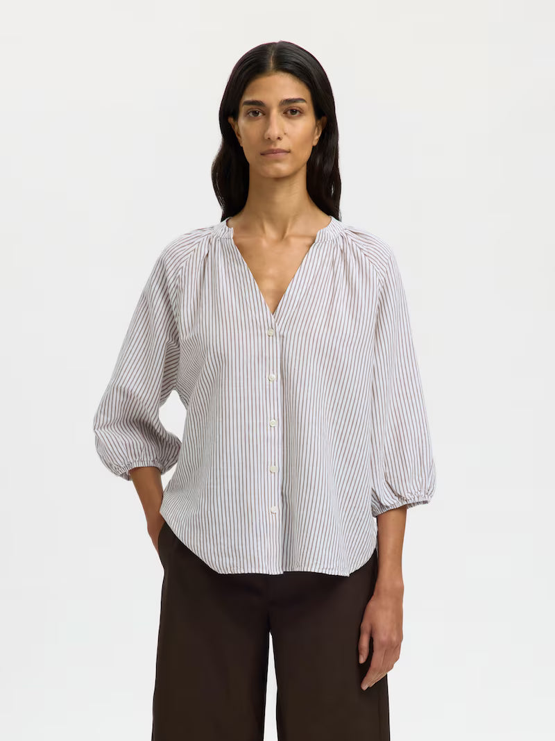 SLFcleo-Alberta Linen Blend Shirt - Bright White Chocolate Chip Stripes