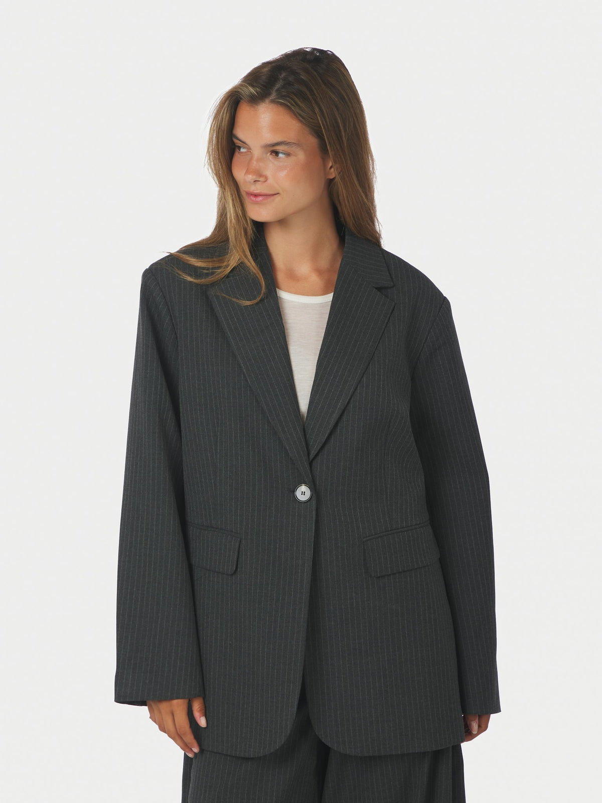 Aarielle Slim Pinstripe Blazer - Dark Grey Melange