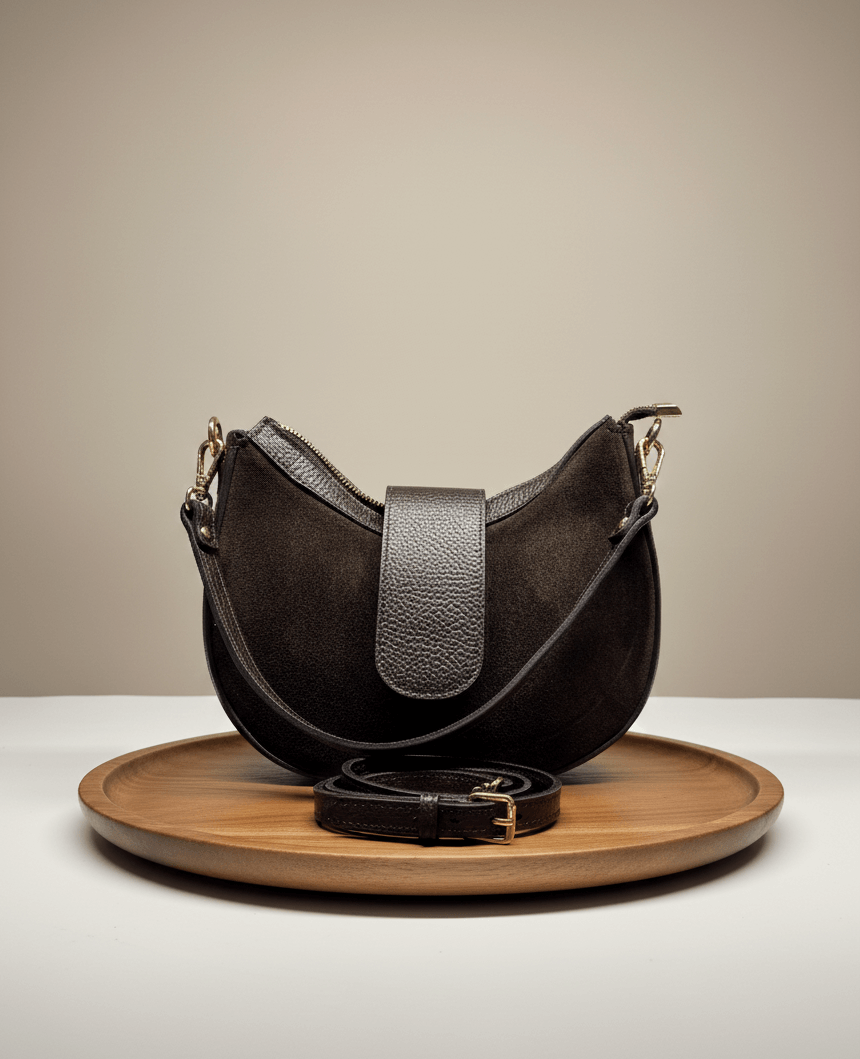 Half-Moon Leather/Suede Bag - Brown