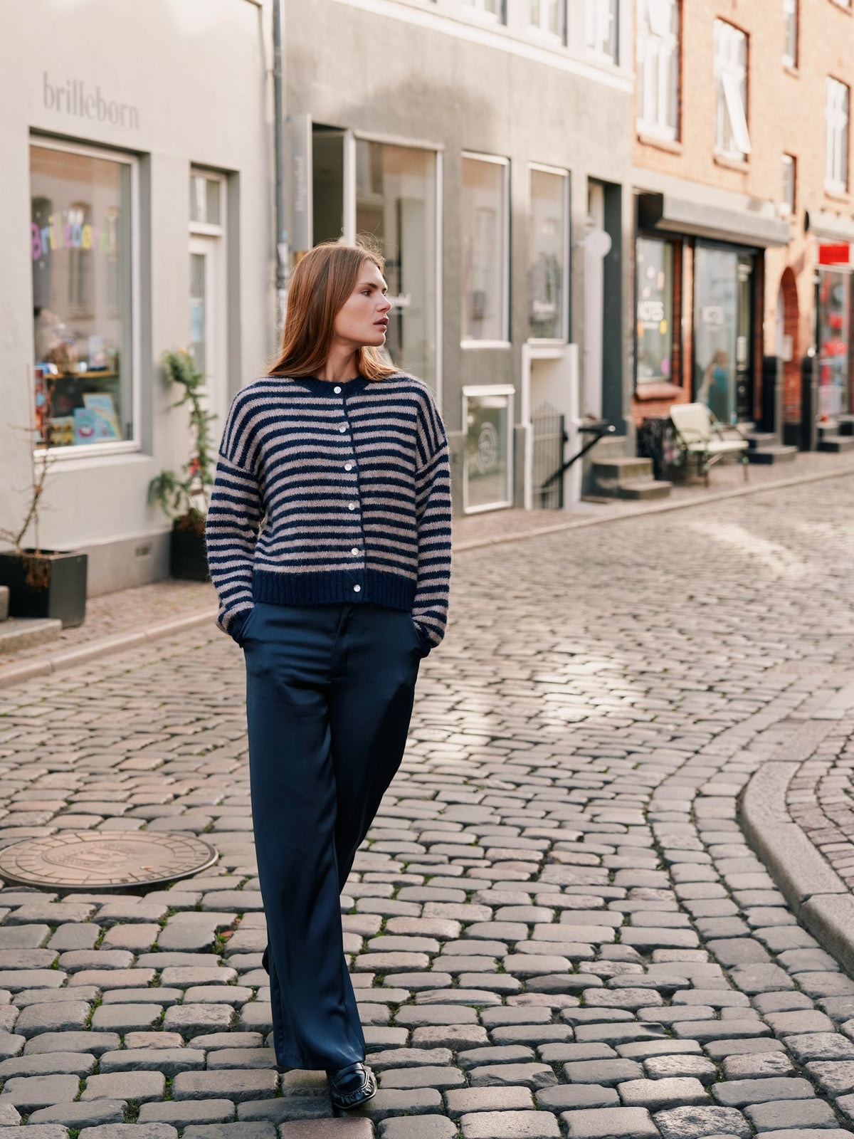 Isana Stripe Fluffy Knit Cardigan - Navy Striped Navy Striped