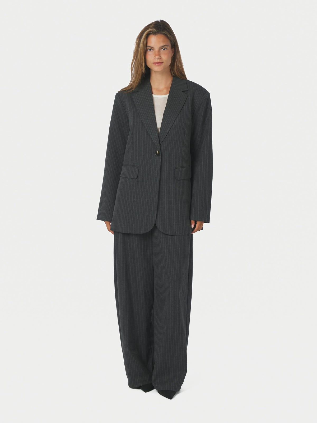 Aarielle Slim Pinstripe Blazer - Dark Grey Melange