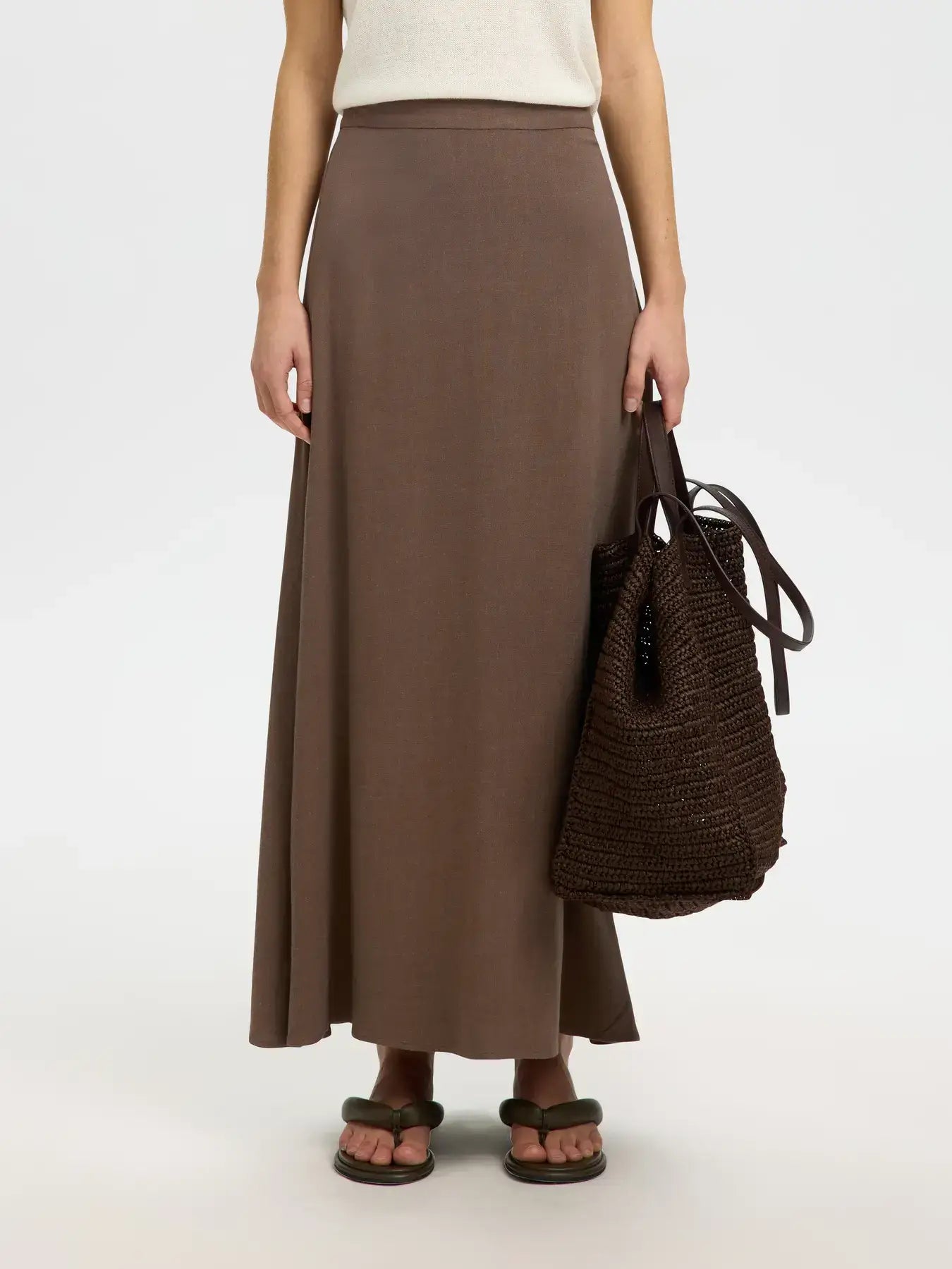 SLFviva HW Ankle Linen Blend Skirt - Chocolate Dip