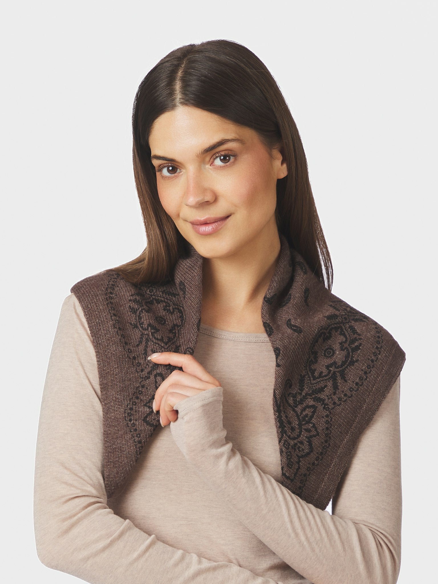 Adelina Paisley Knit Scarf - Brown Melange