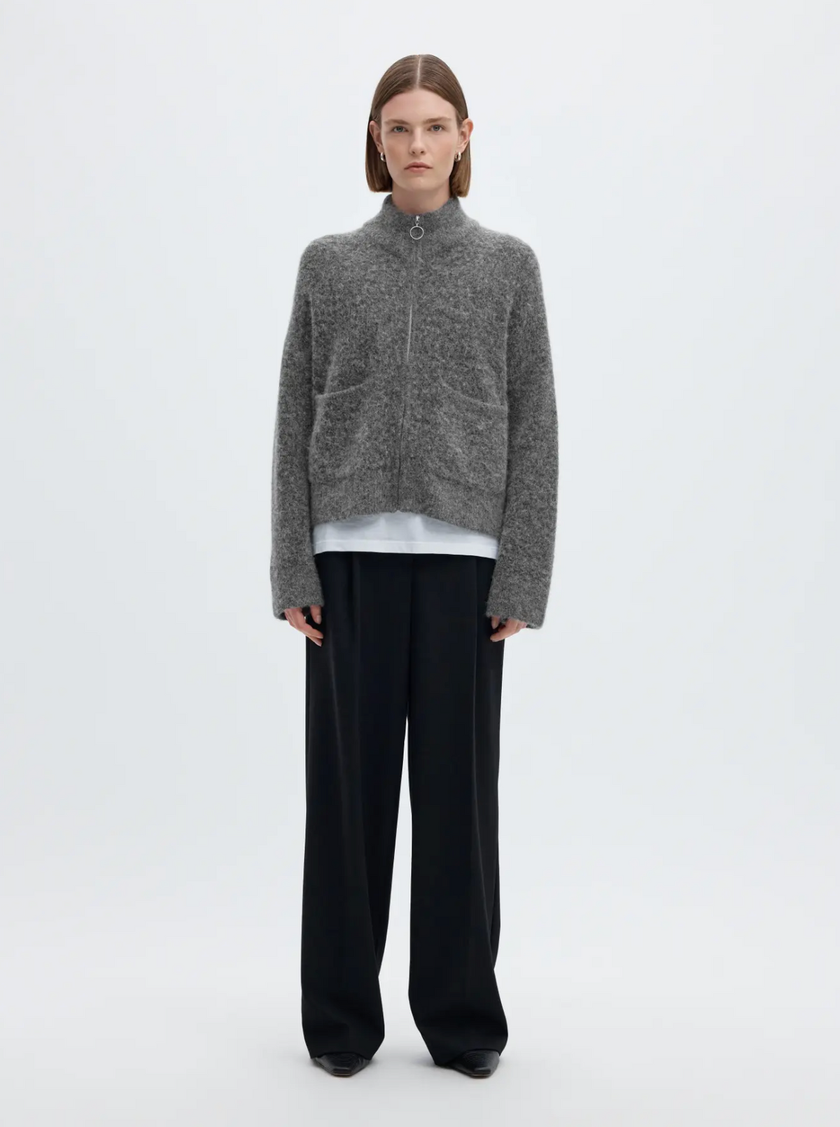 SLFsia Ras LS Knit Zipper Cardigan - Medium Grey Mel.
