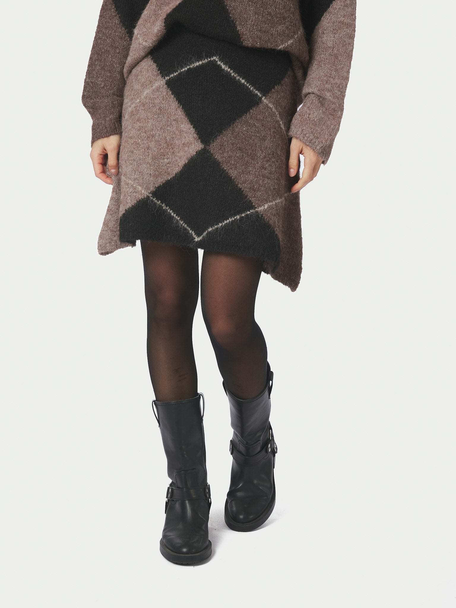 Gisa Check Fluff Knit Skirt - Dark Brown