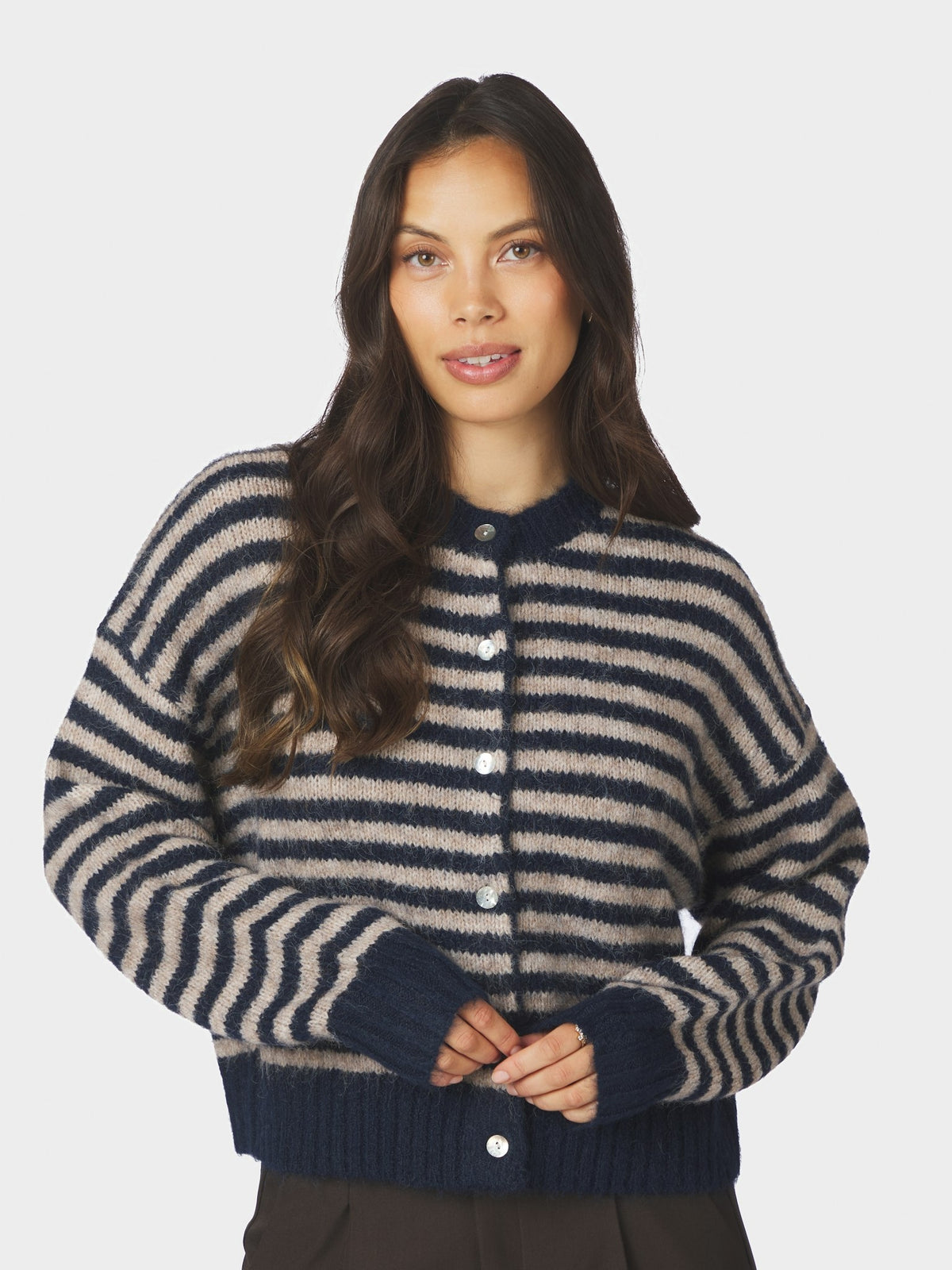 Isana Stripe Fluffy Knit Cardigan - Navy Striped Navy Striped
