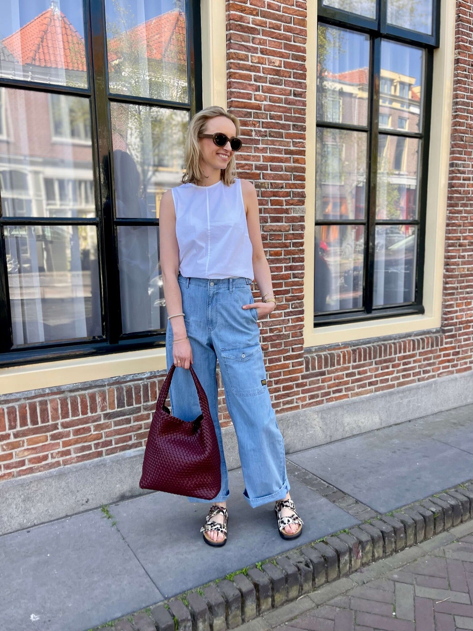 Bow blouse with cargo pant look