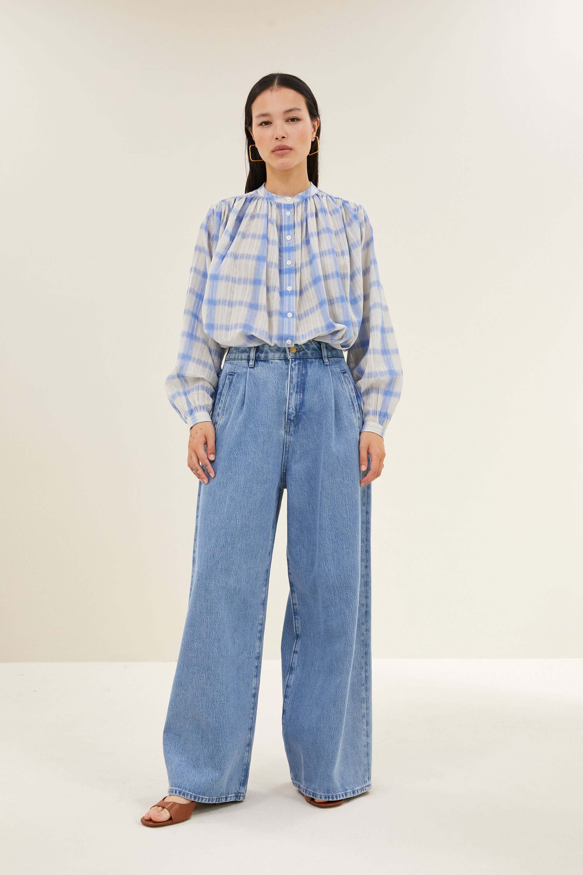 Nyka Check Blouse - Light Blue Check