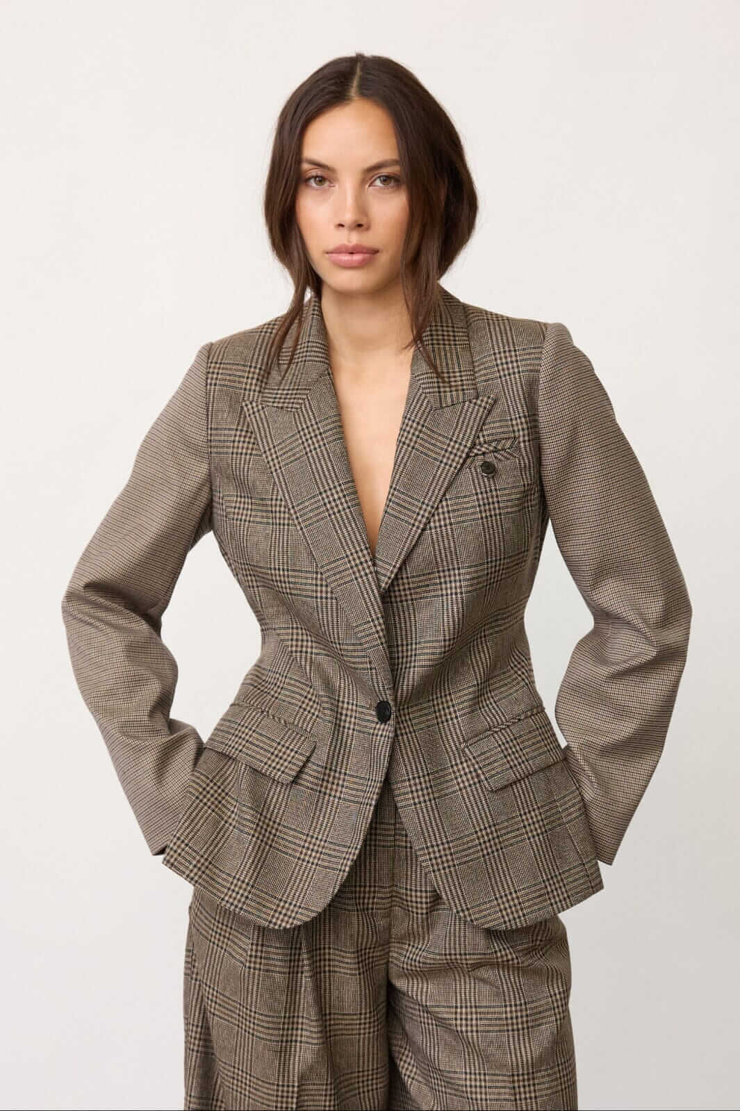 VeyaCC Check Fitted Blazer - Brown