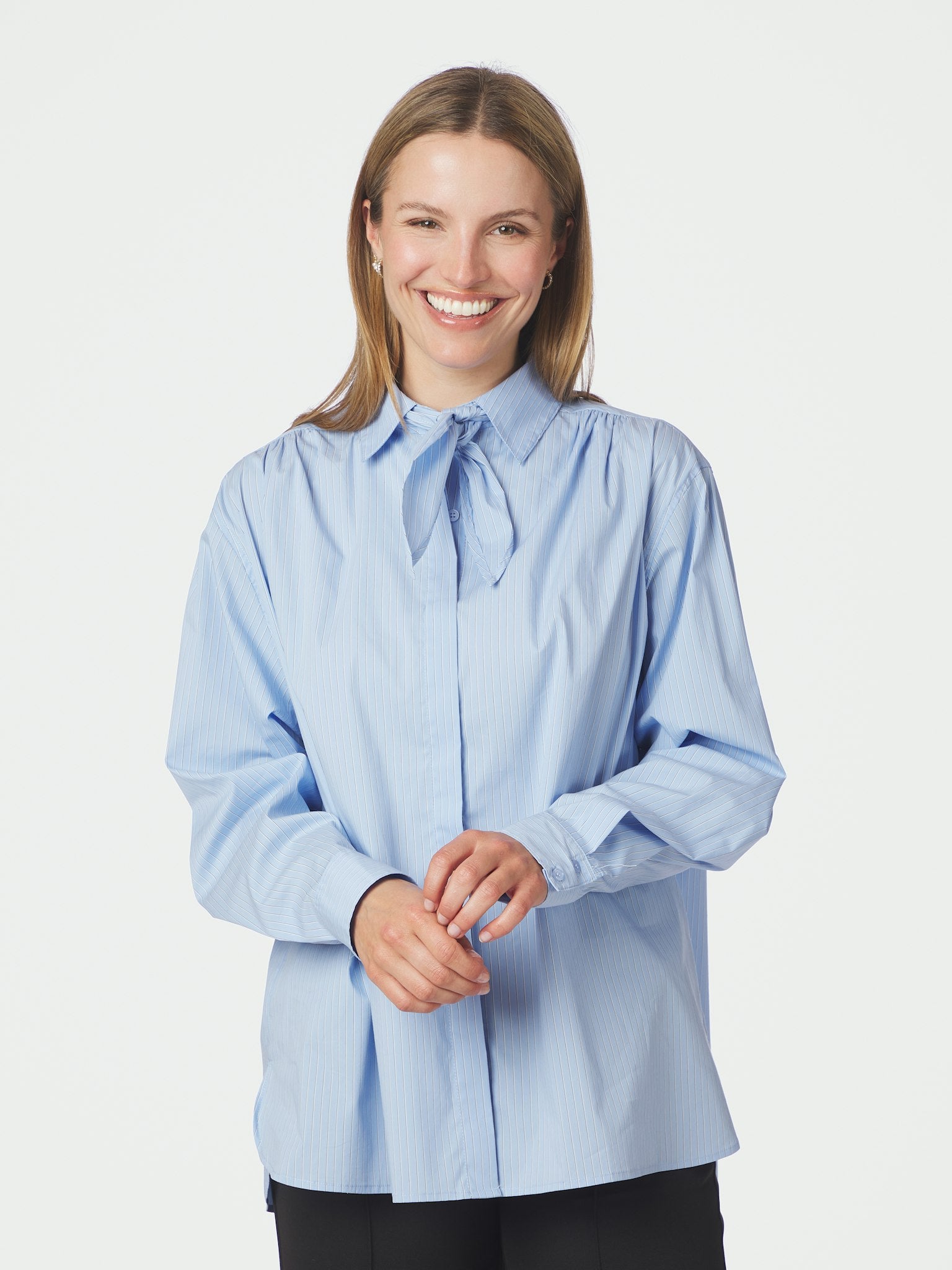 Rochelle Scarf Fine Stripe Shirt - Light Blue