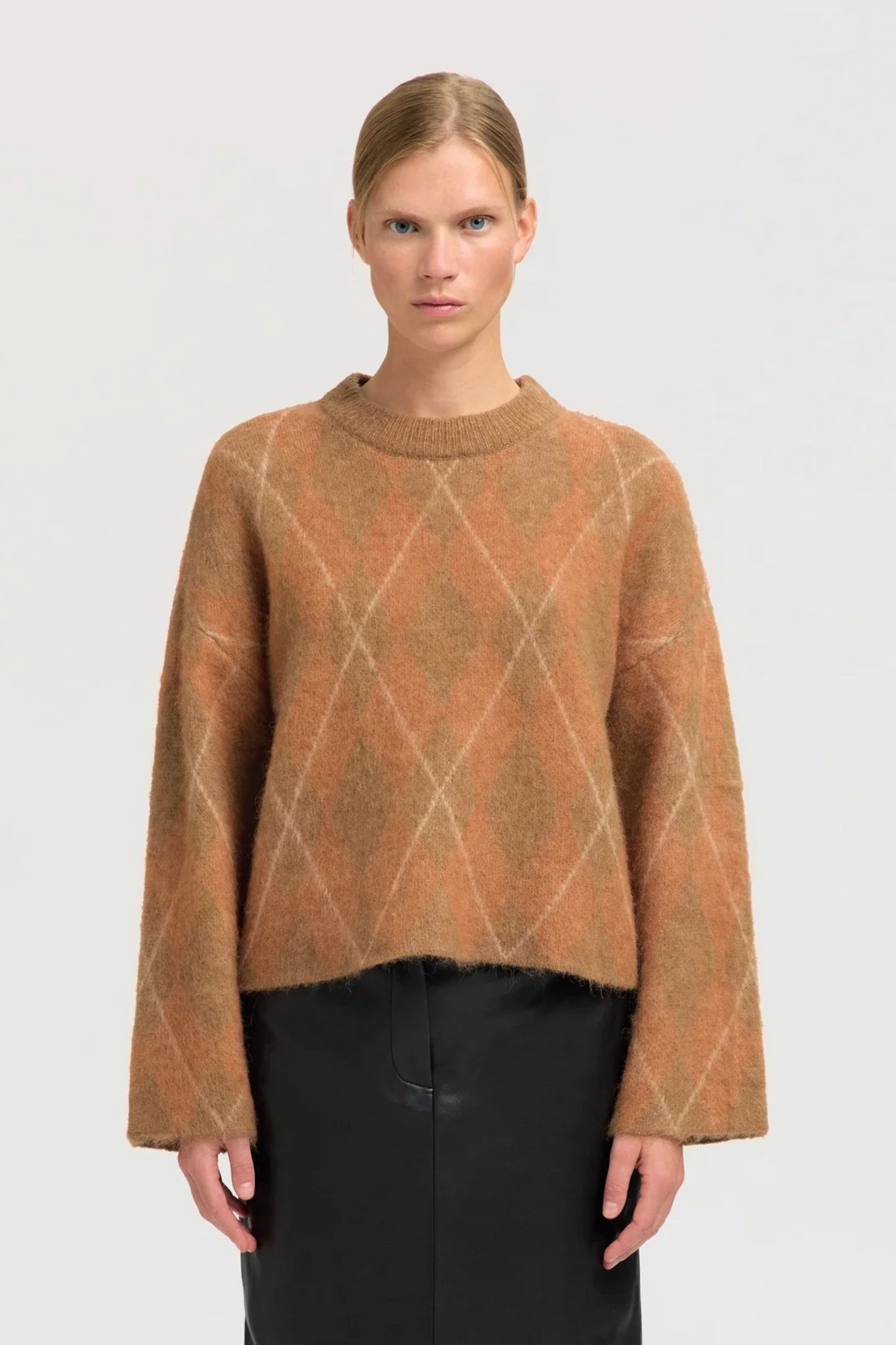 SLFlulu Brushed LS Argyle Knit O-Neck - Golden Brown