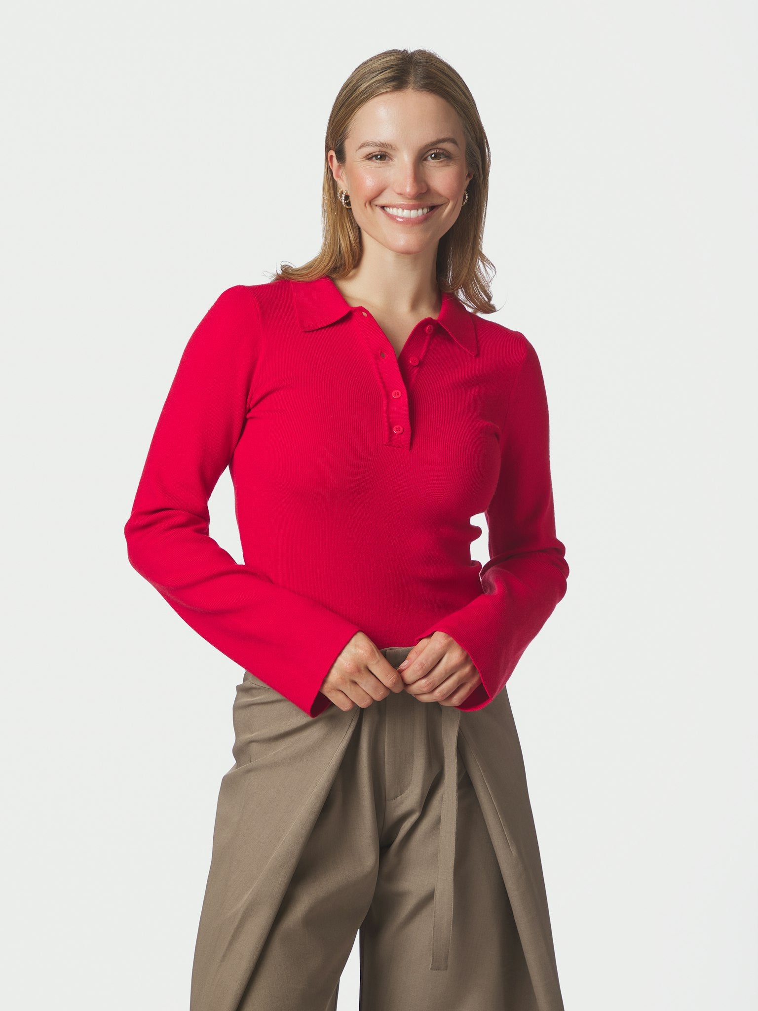 Fannya Ls Solid Knit Polo - Red