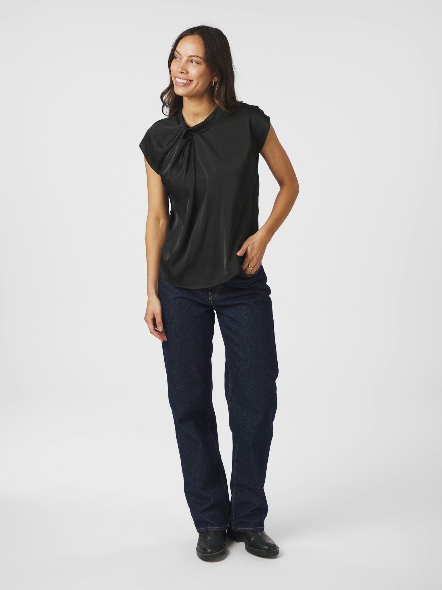 Fleur Drapy Satin Blouse - Black