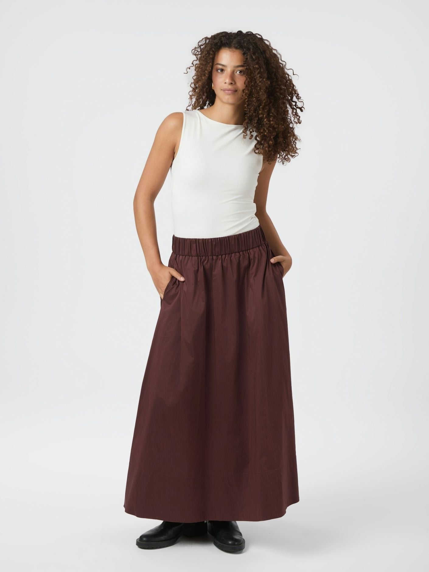 Yara Long Poplin Skirt - Burgundy