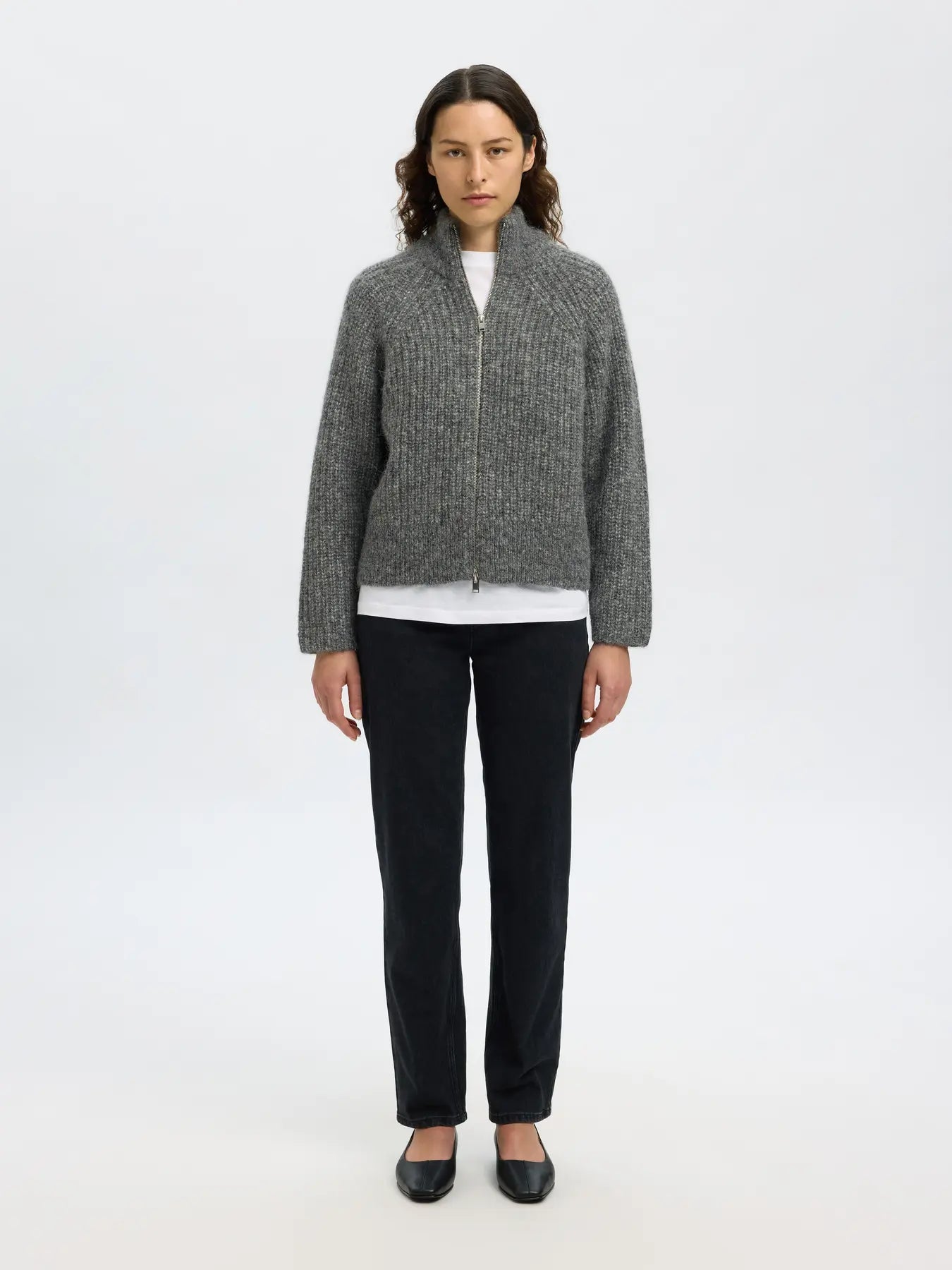 SLFanjuli LS knit Zip - med. grey mel.