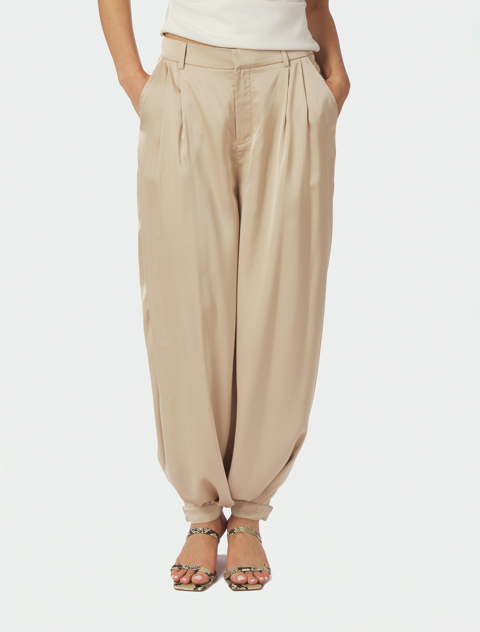 Fayla Drapy Satin Balloon Pants - Dark Sand