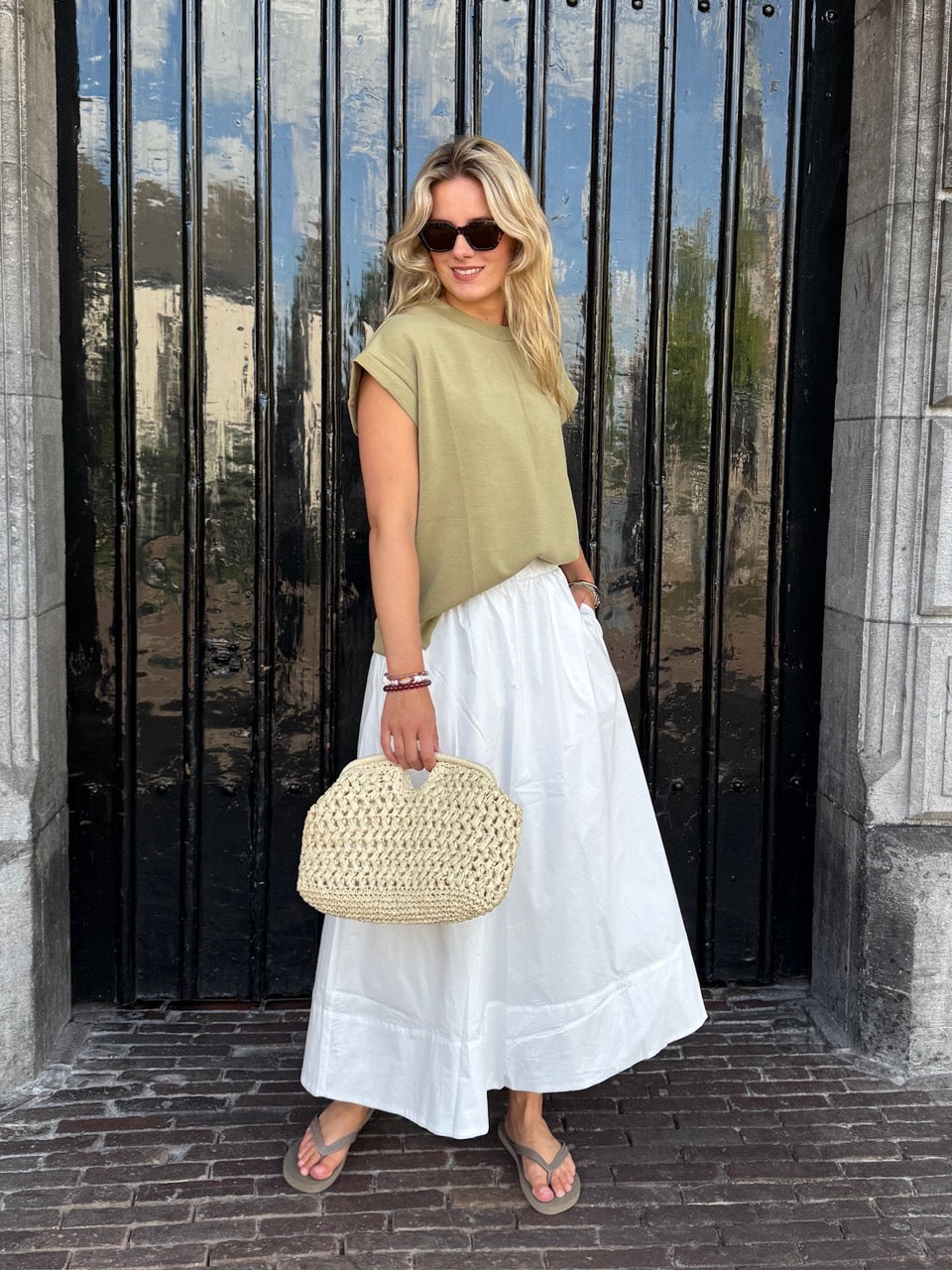 Dusty green skirt look