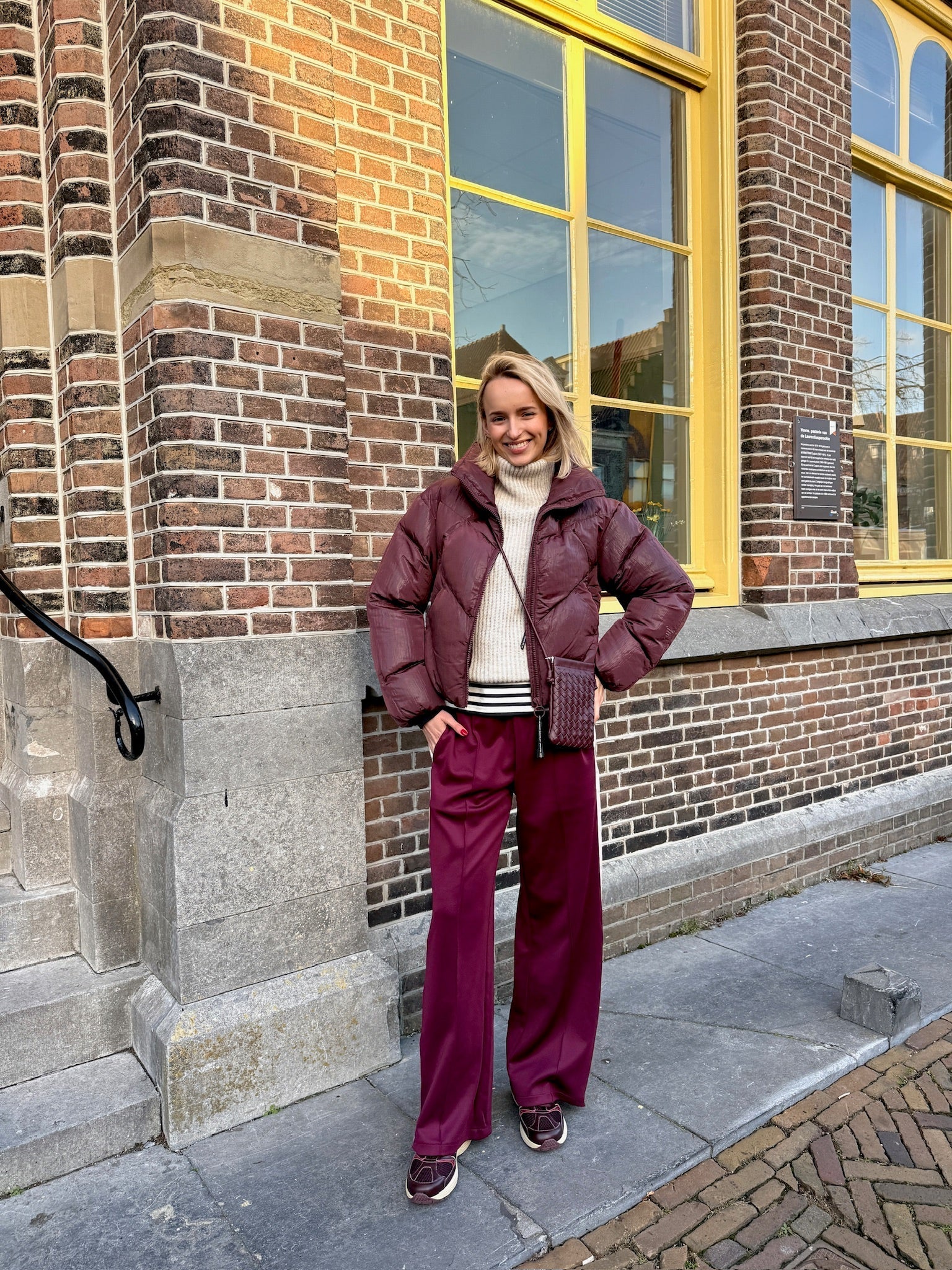 Burgundy puffer and stripe Look