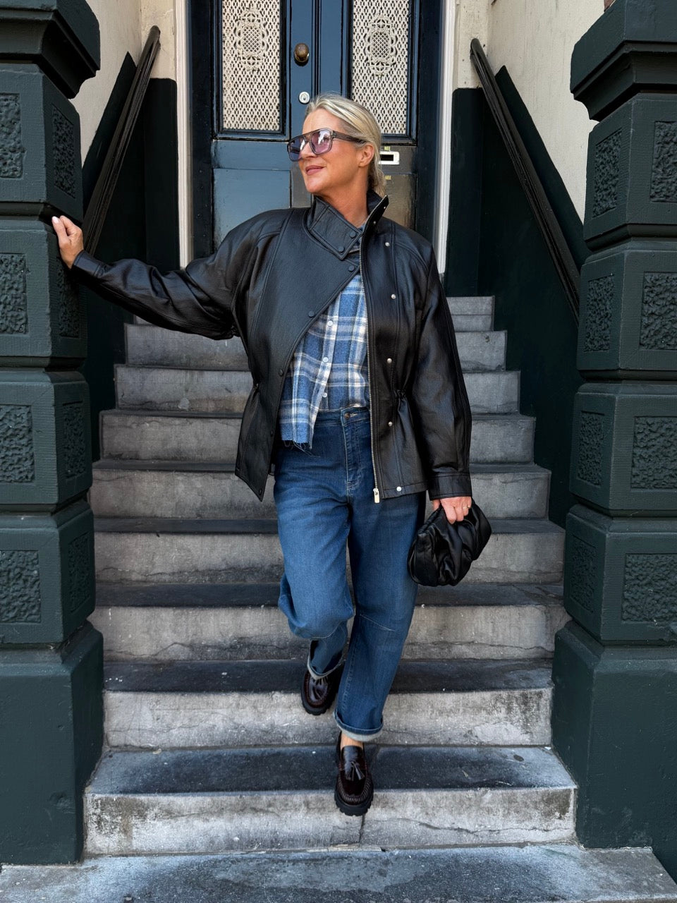 black leather jacket look
