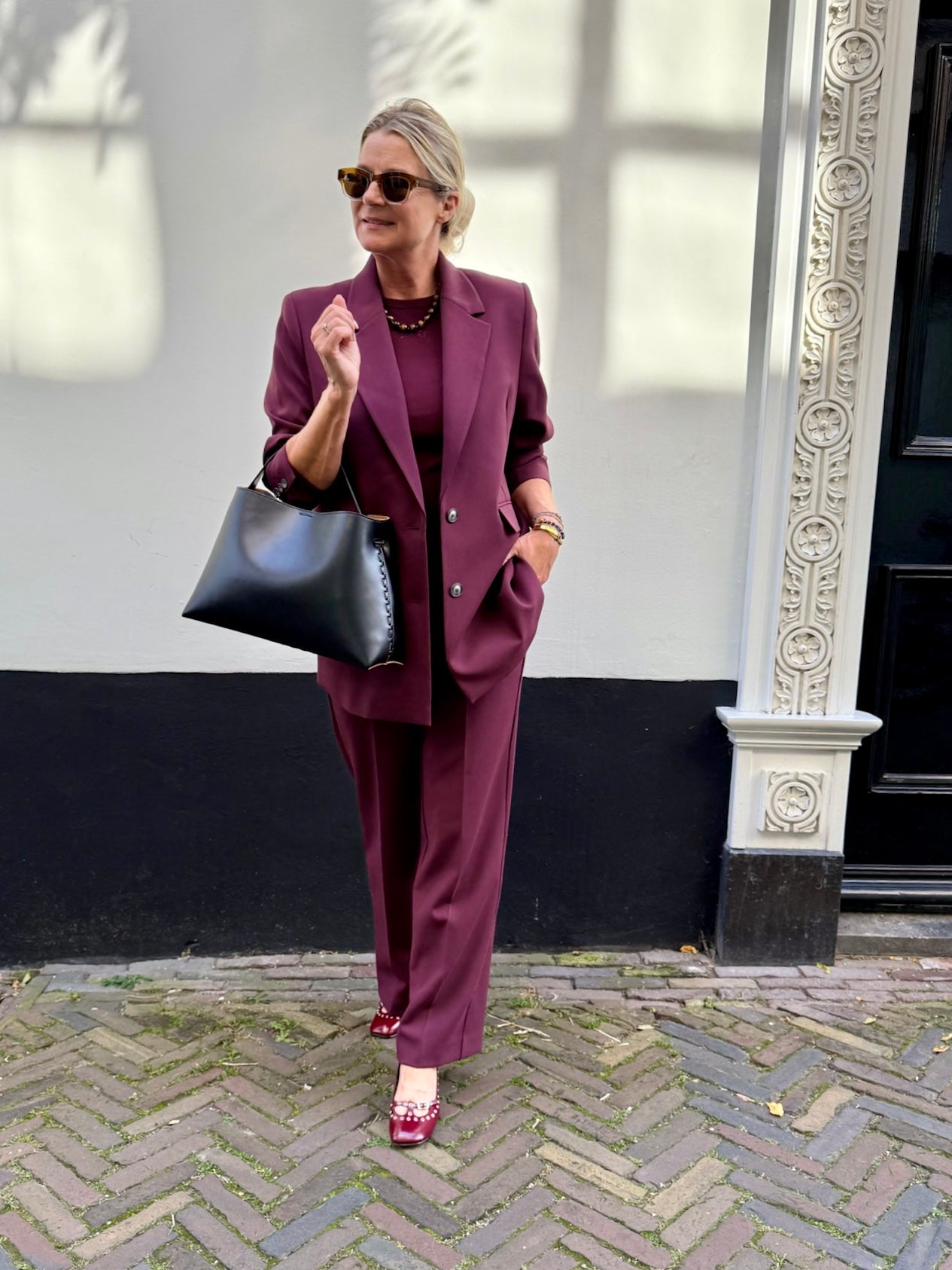 All burgundy suit look