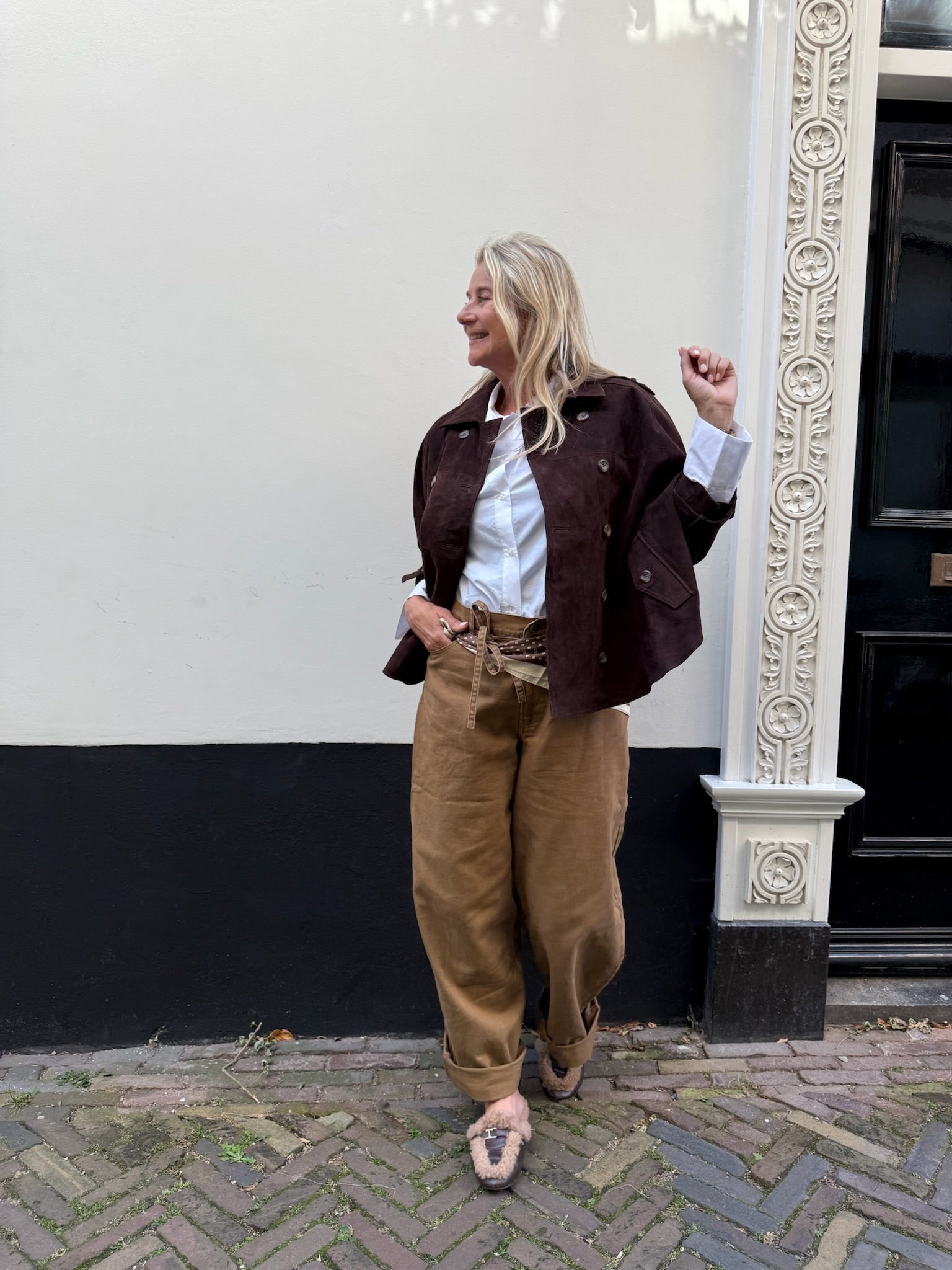 Brown and white suede look