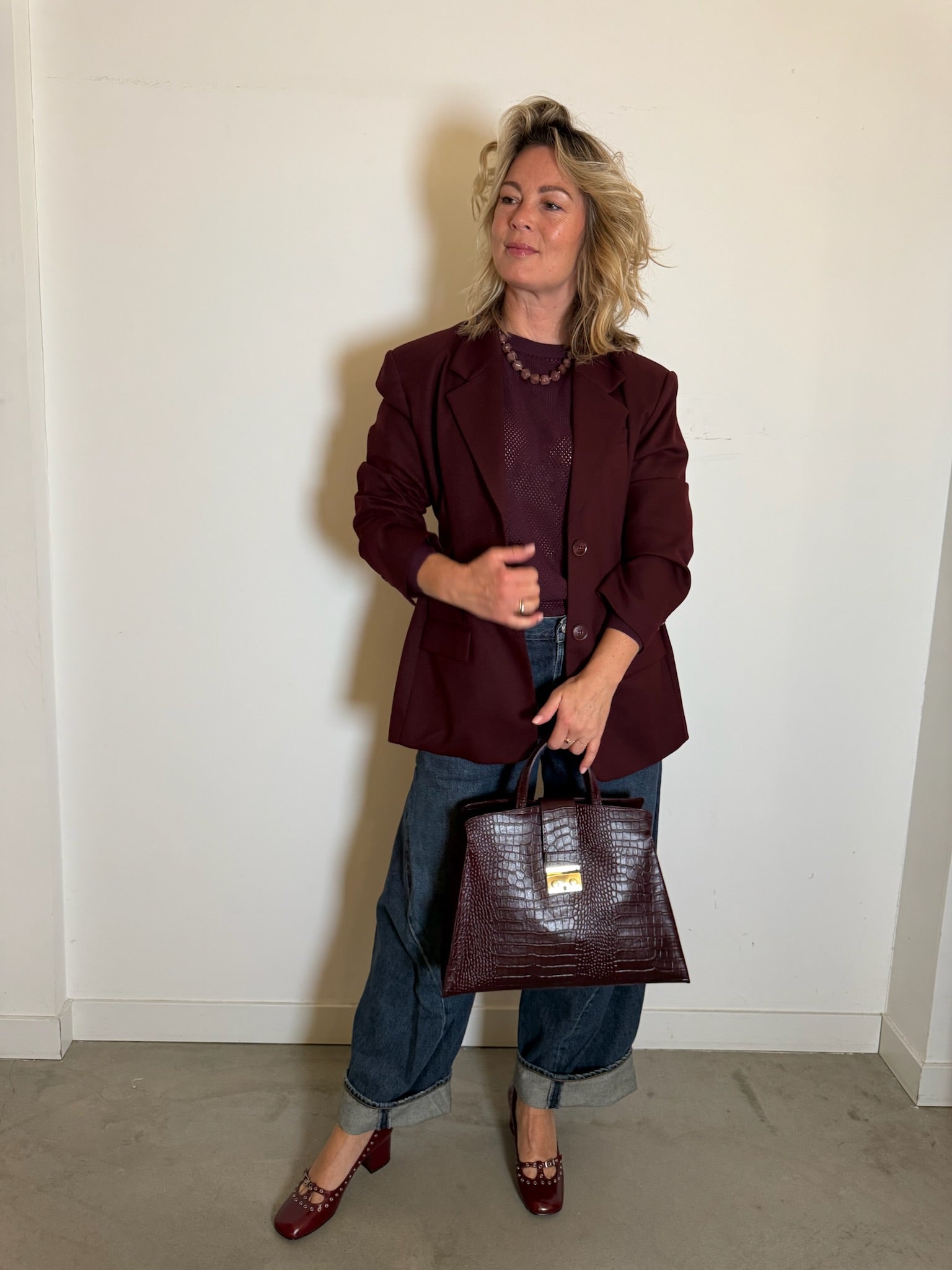 Mesh burgundy and jeans look
