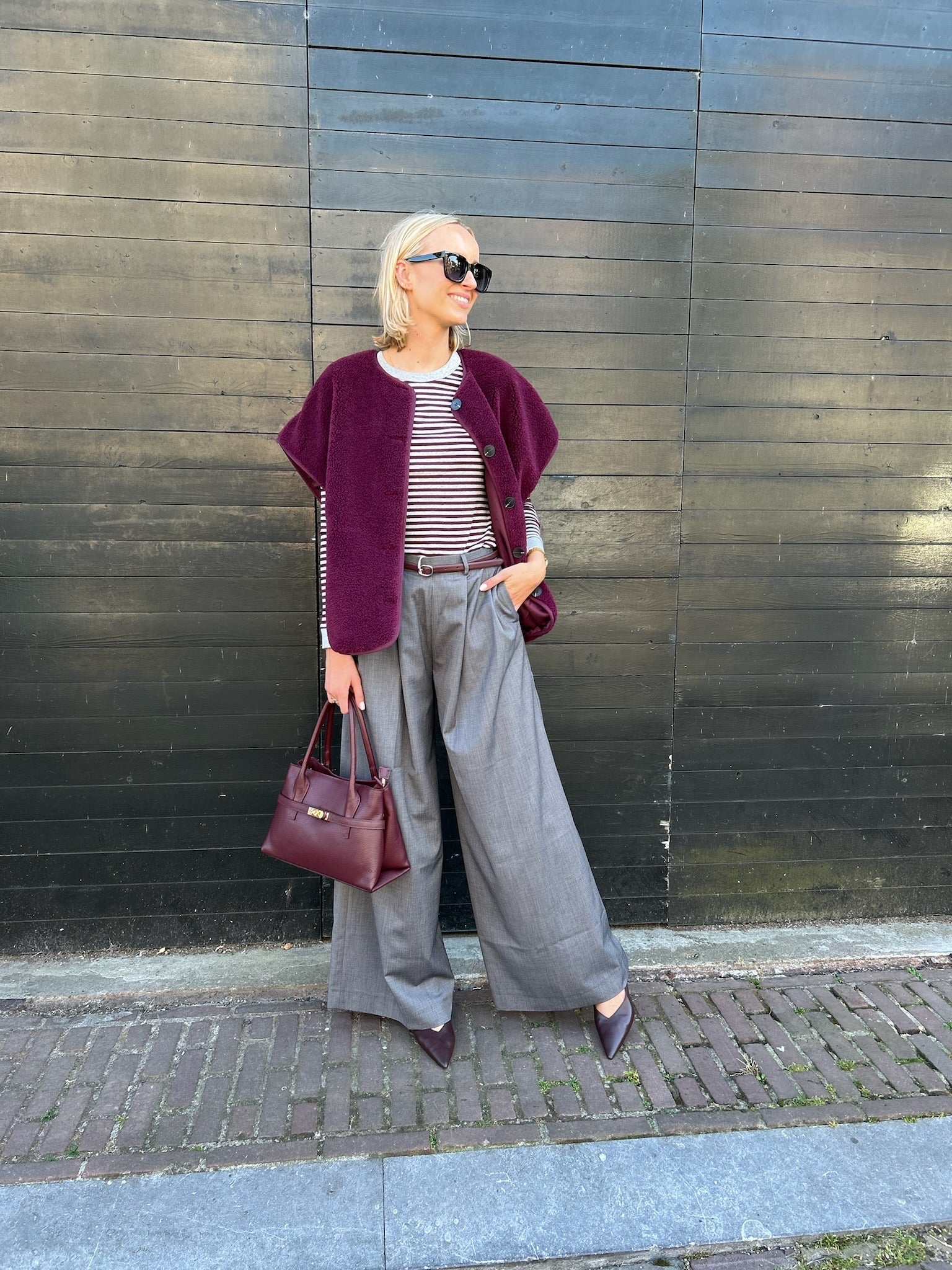 Burgundy teddy vest look