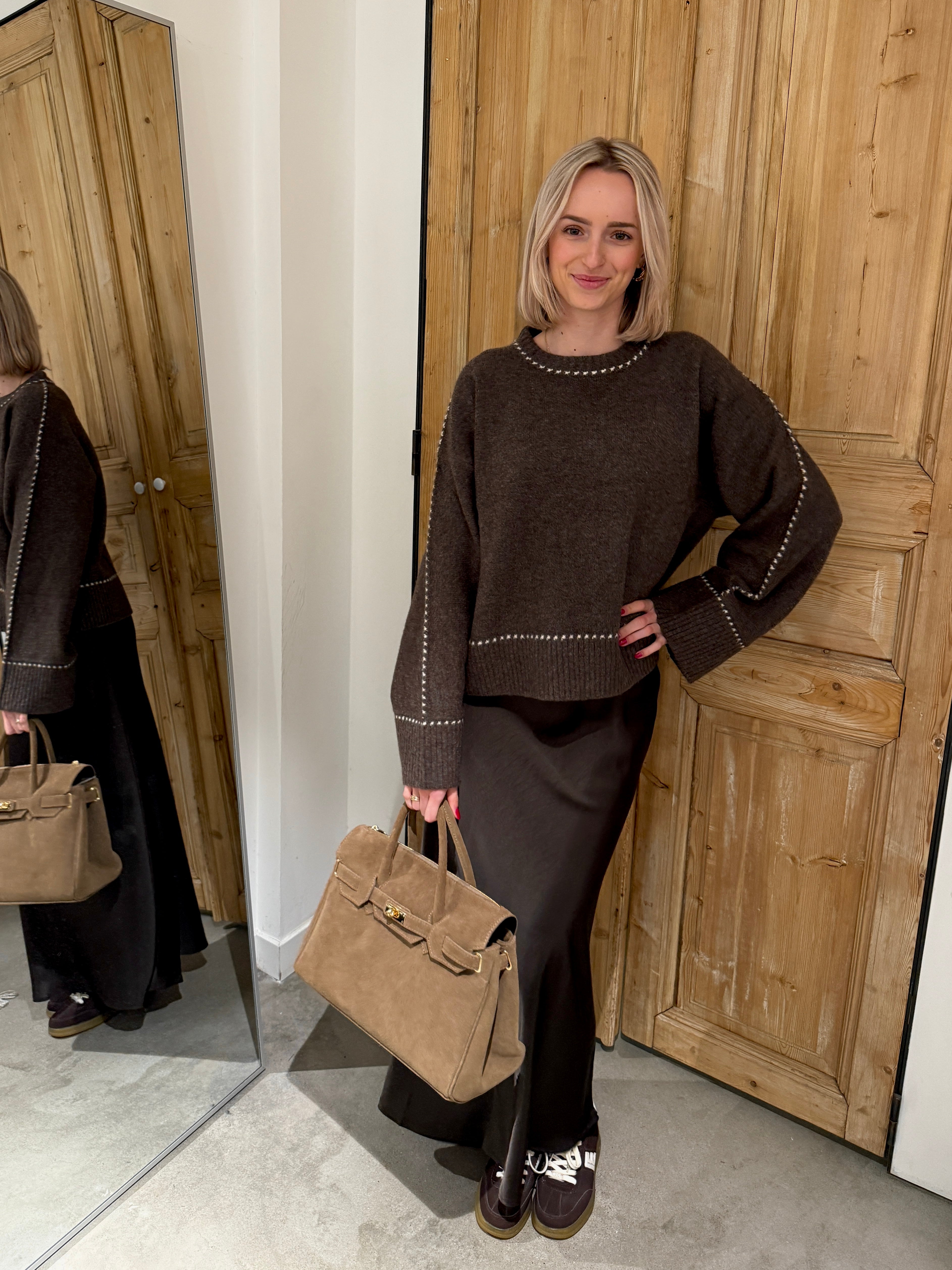 Brown knit and satin skirt look
