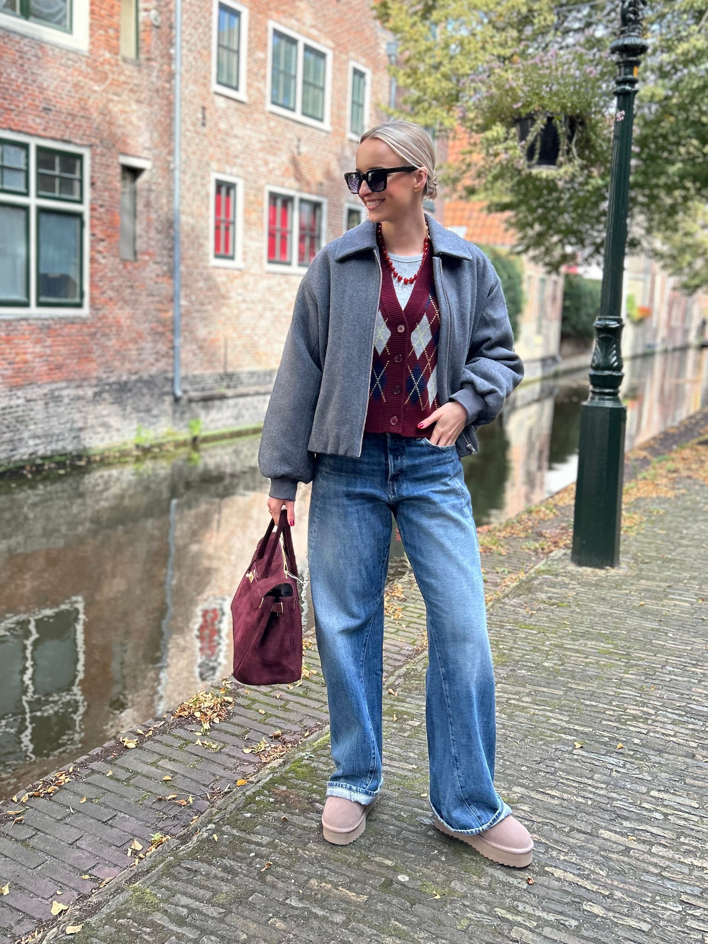 Grey burgundy checkered look