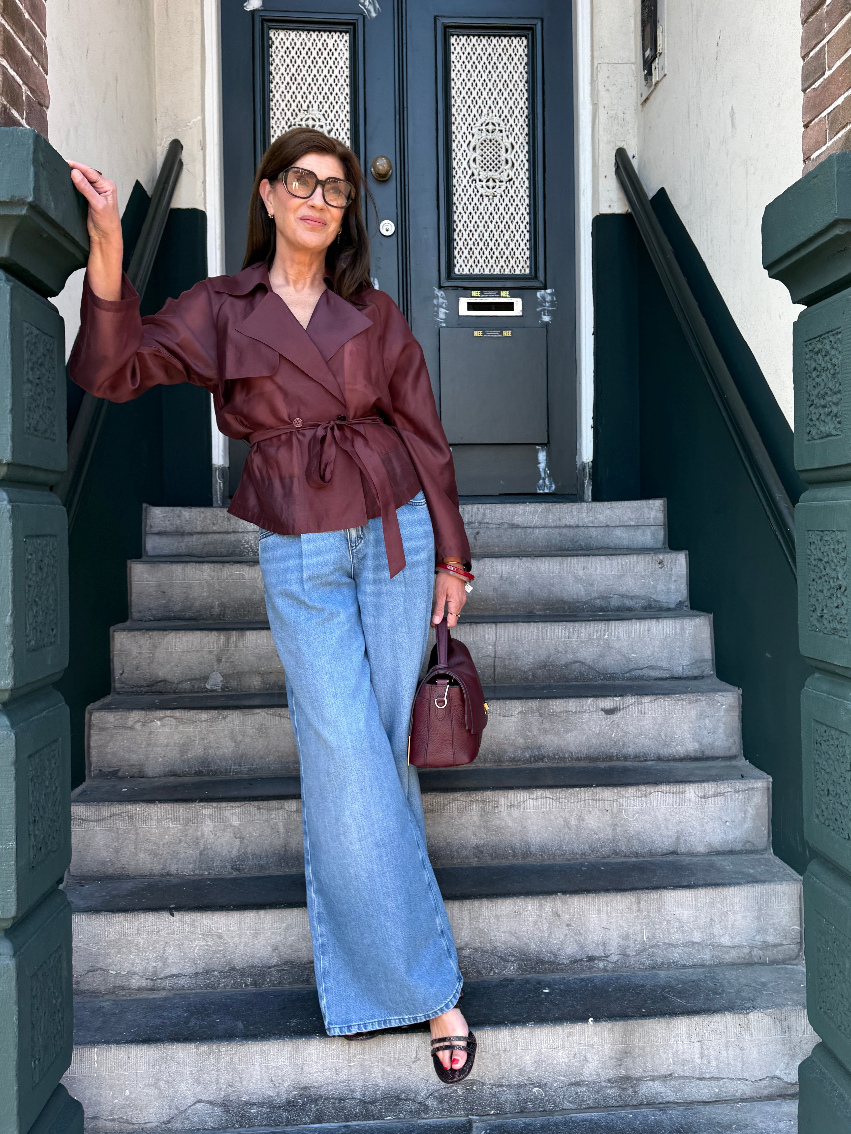 Burgundy see-through blazer look