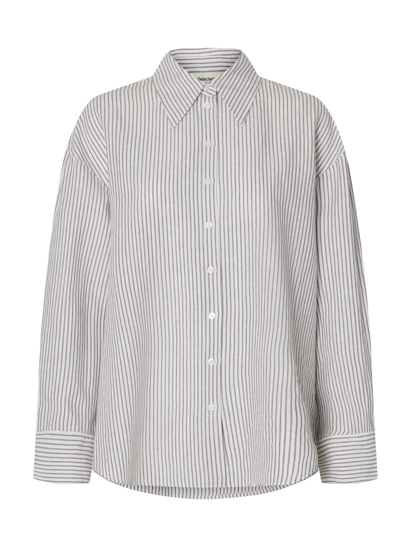 SLFcleo Oversize Linen Blend Shirt - Bright White Chocolate Chip Stripes