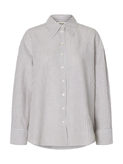 SLFcleo Oversize Linen Blend Shirt - Bright White Chocolate Chip Stripes