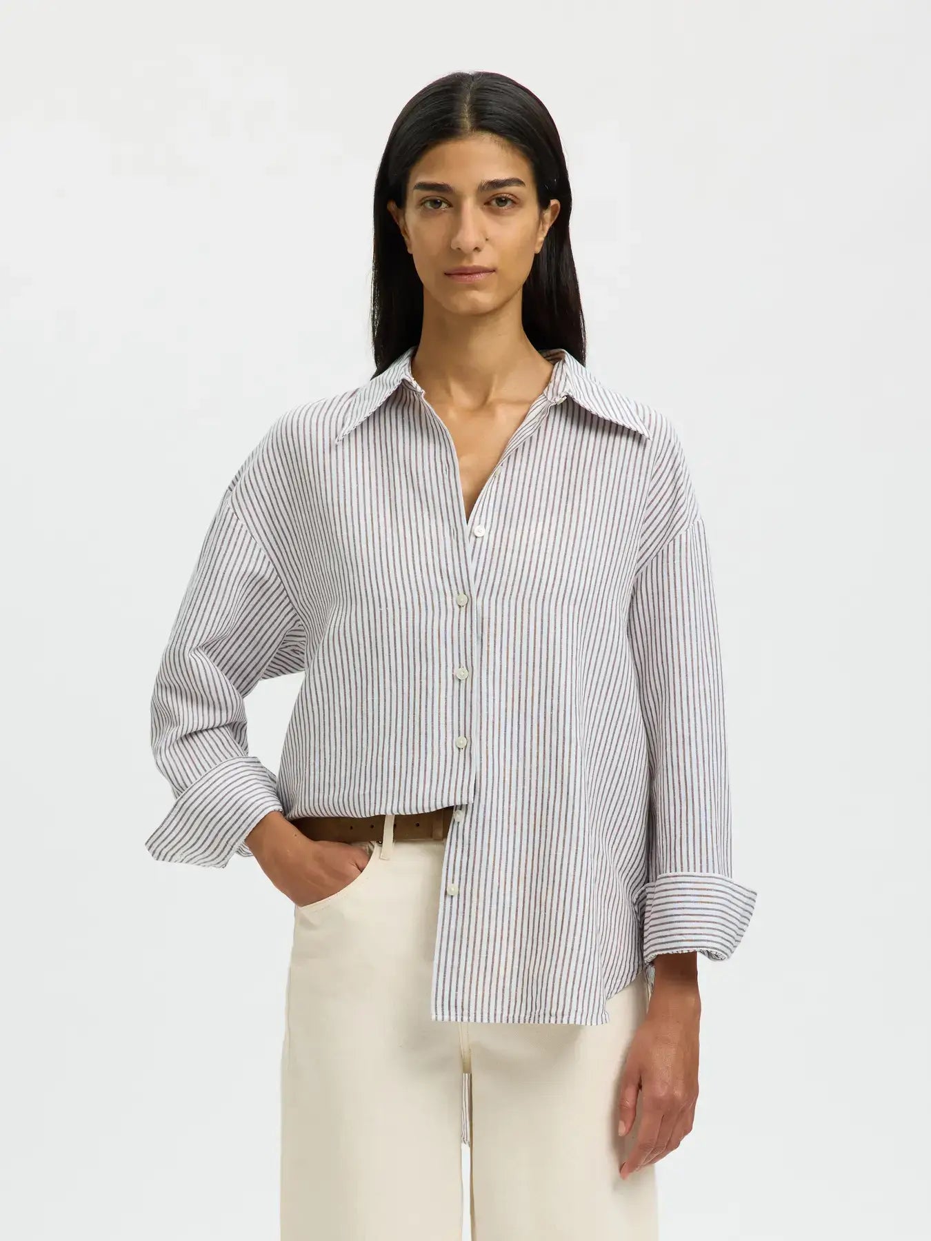 SLFcleo Oversize Linen Blend Shirt - Bright White Chocolate Chip Stripes