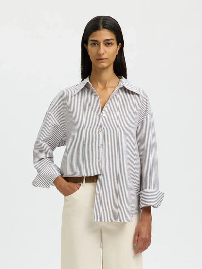 SLFcleo Oversize Linen Blend Shirt - Bright White Chocolate Chip Stripes