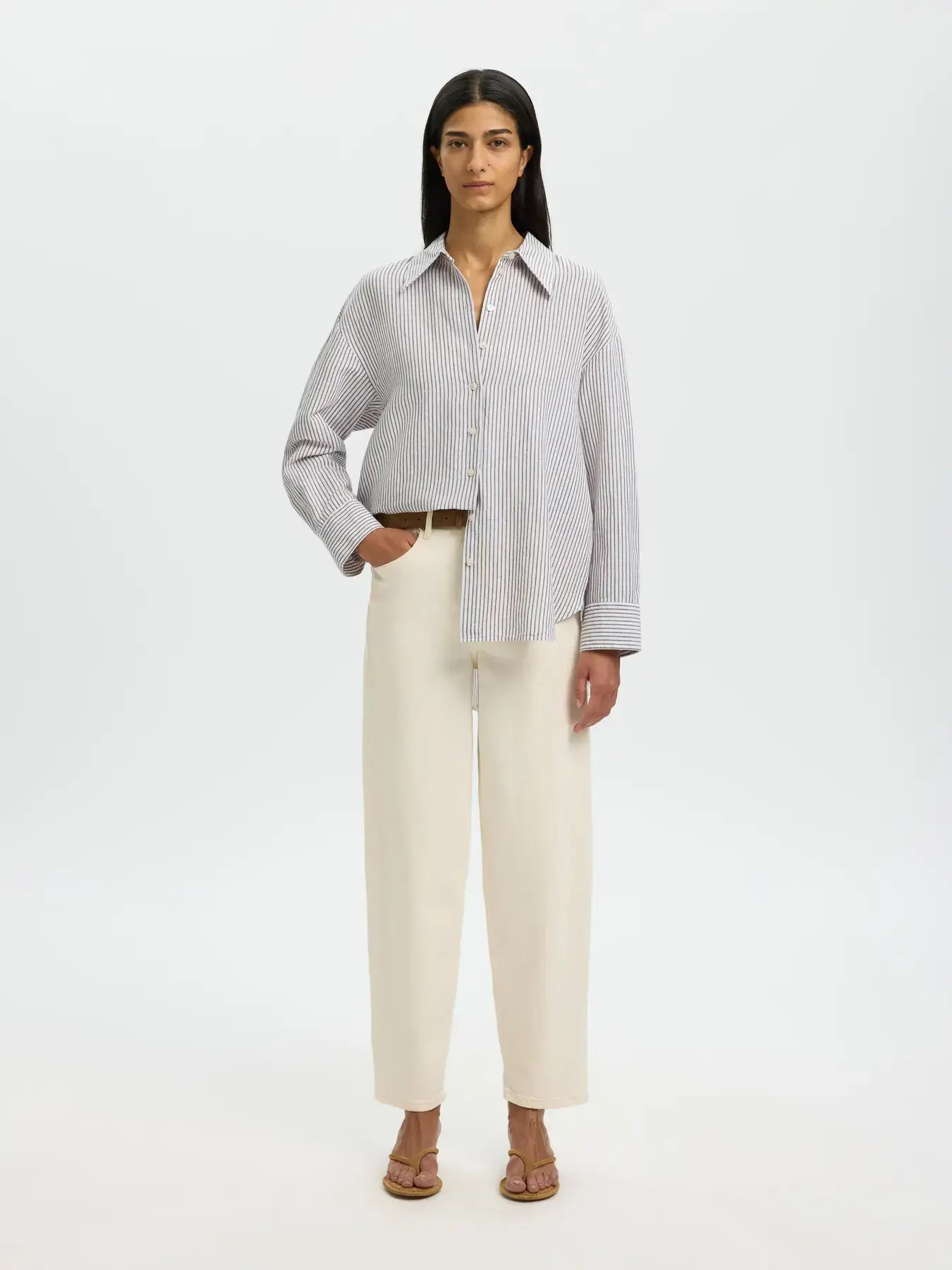 SLFcleo Oversize Linen Blend Shirt - Bright White Chocolate Chip Stripes