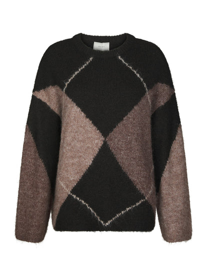 Inga Check Fluff Knit Blouse - Dark Brown