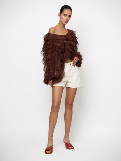 Phora Tulle Ruffled Top - Chocolate Brown