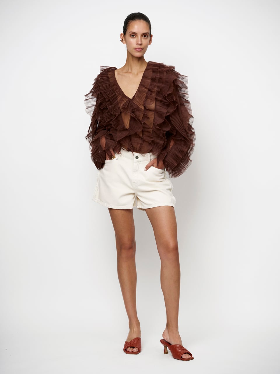 Phora Tulle Ruffled Top - Chocolate Brown