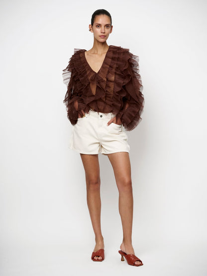 Phora Tulle Ruffled Top - Chocolate Brown